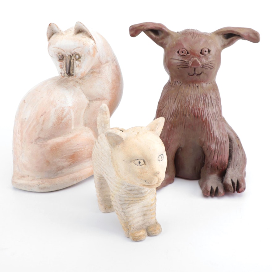 Indonesian Carved Wood Cat and Plaster Cat and Rabbit Figurines