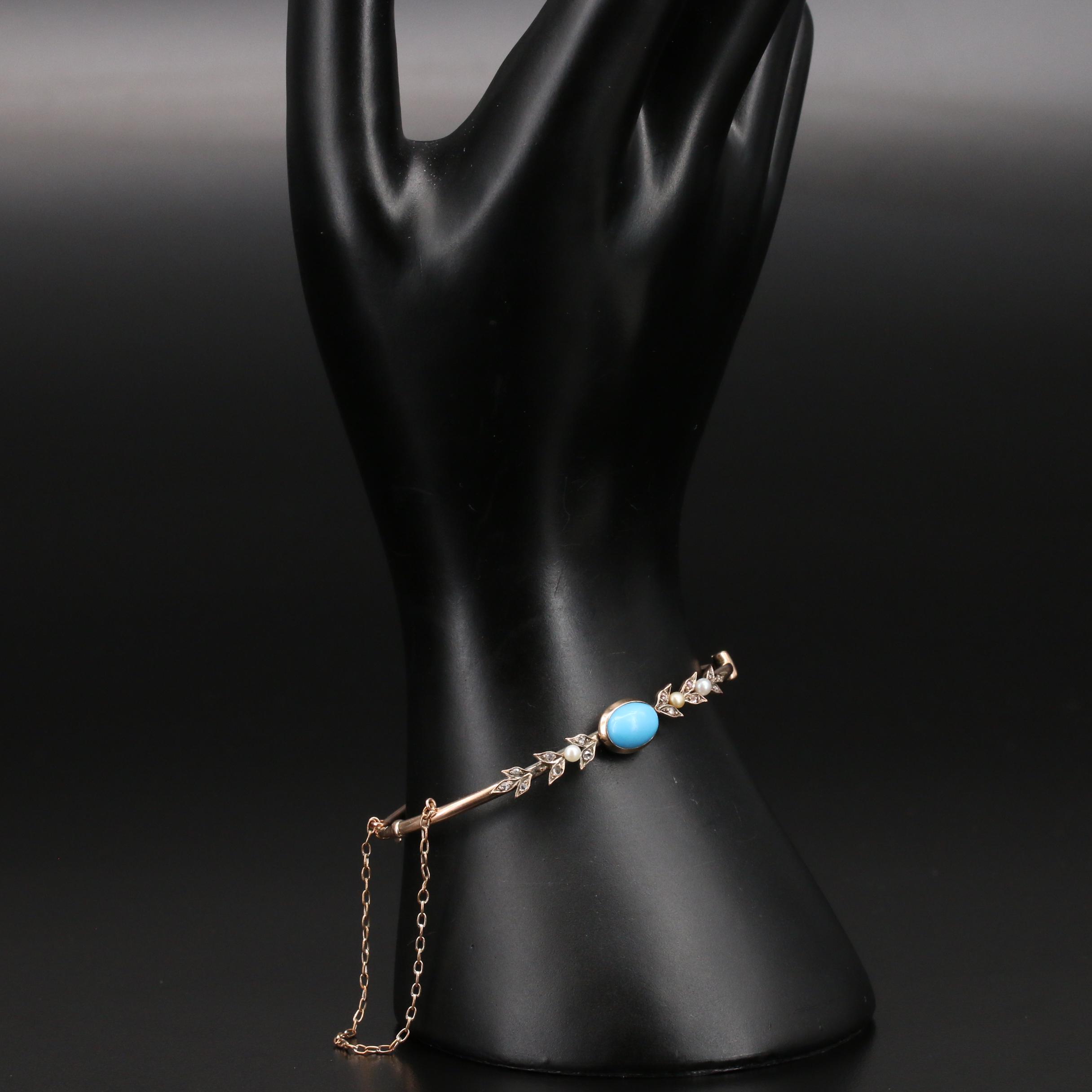 Victorian 14K Turquoise, Diamond and Gemstone Foliate Hinged Bangle