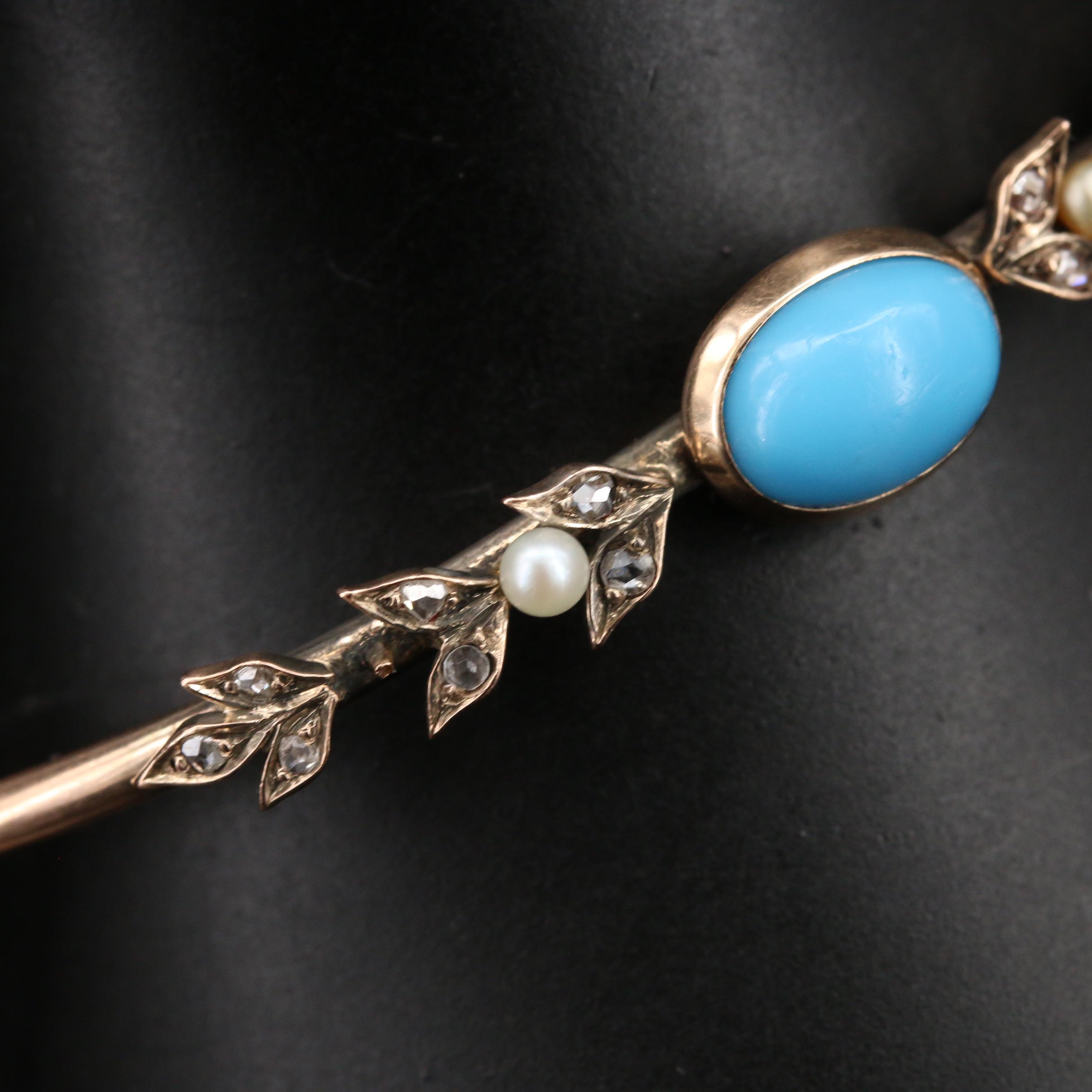 Victorian 14K Turquoise, Diamond and Gemstone Foliate Hinged Bangle