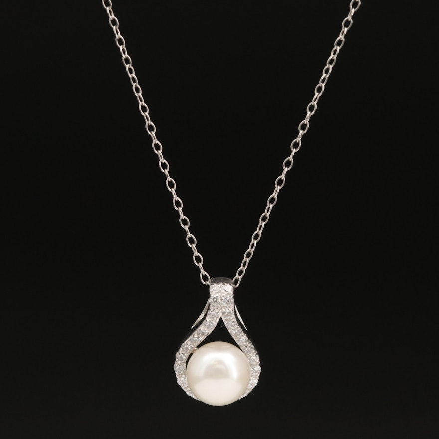Italian Sterling Pearl and Cubic Zirconia Pendant Necklace