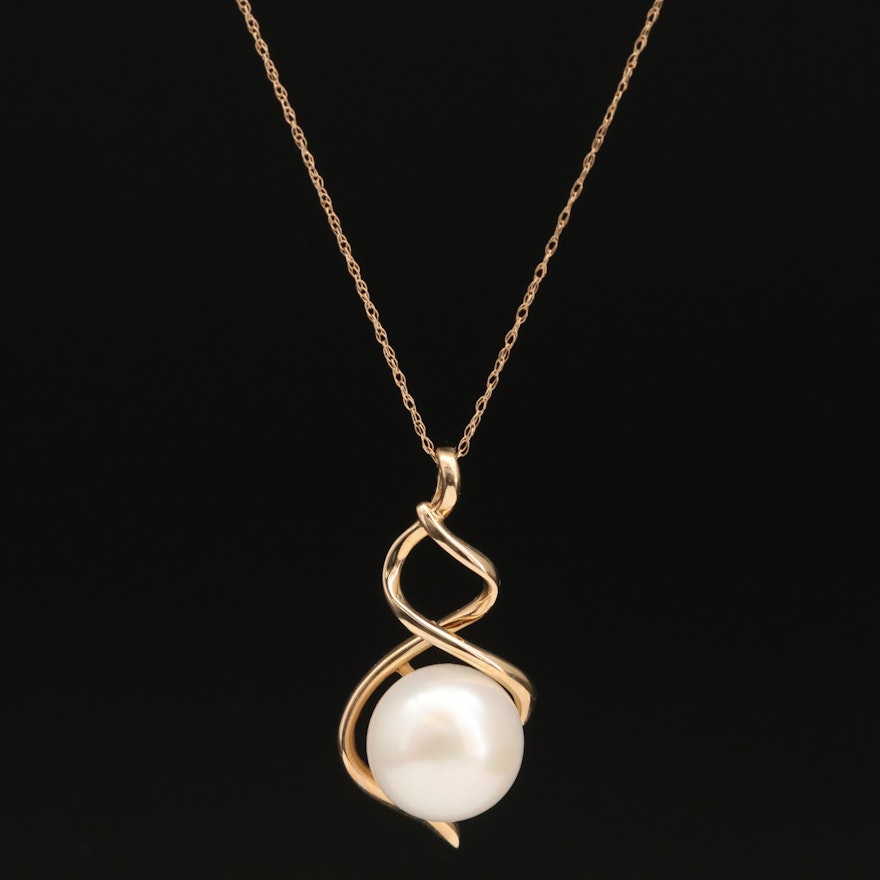 14K Pearl Swirl and Floral Pendant Necklace