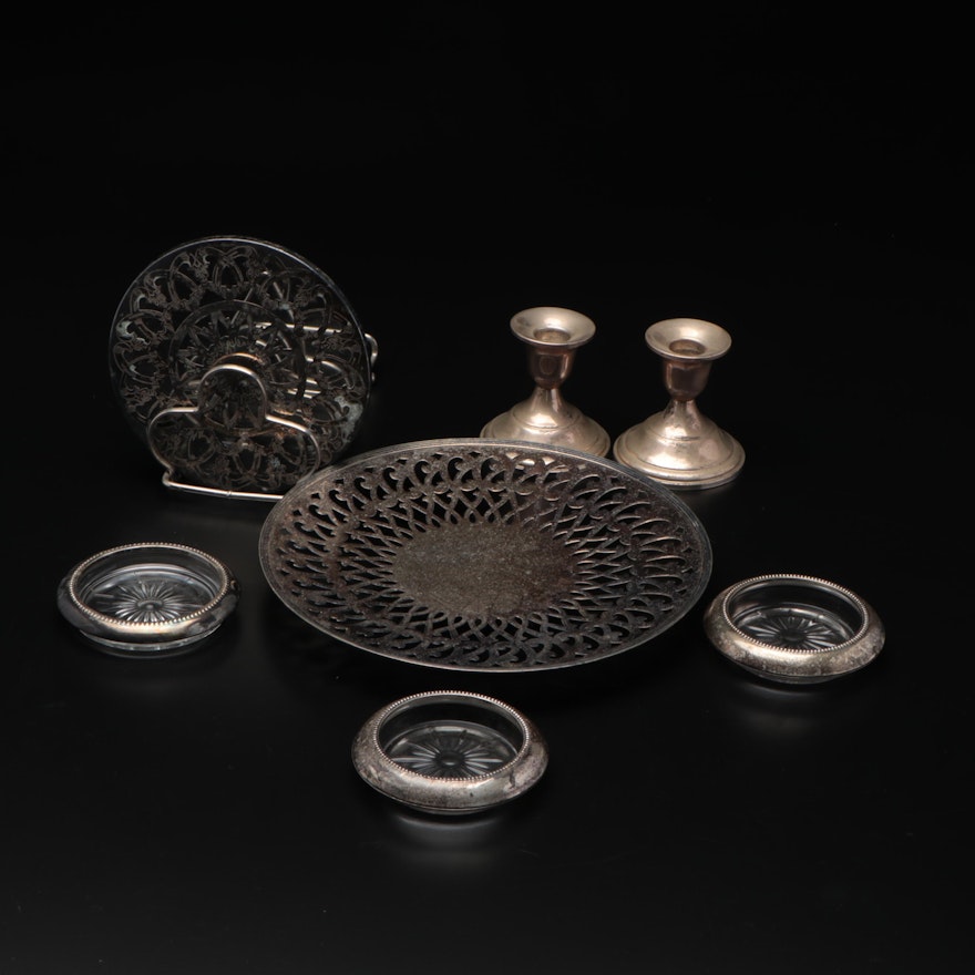 Silver Tableware with Sterling Weighted Candlesticks, Rimmed Coasters and More