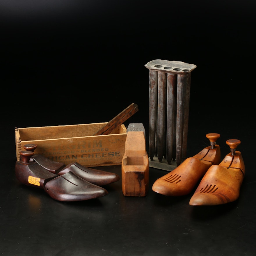 Wooden Shoe Trees, Box, Ruler, and Hand Plane with Metal Candle Mold
