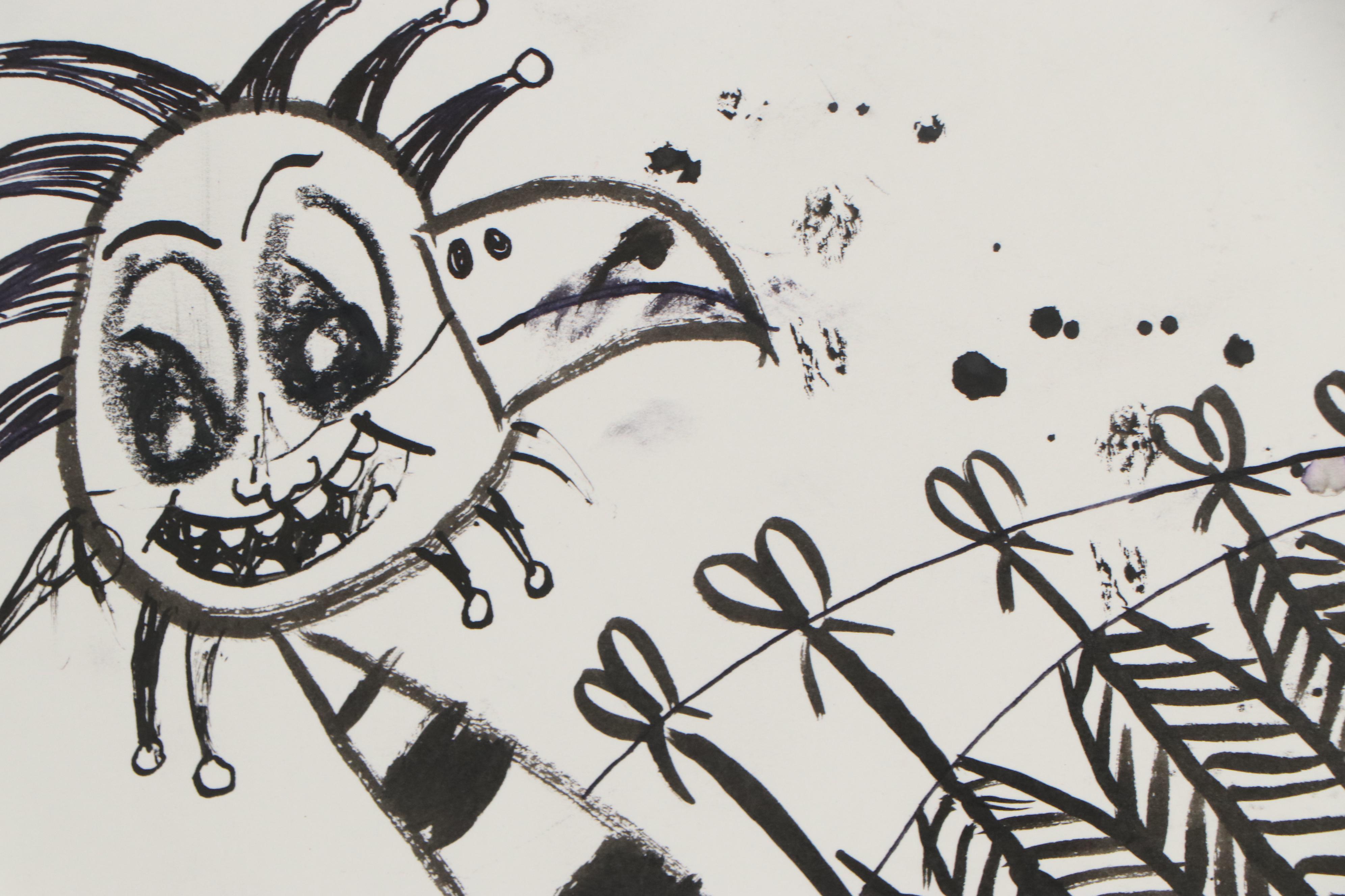 Sean A. Garrison Abstract Folk Art Ink Drawing of Birds, 21st Century