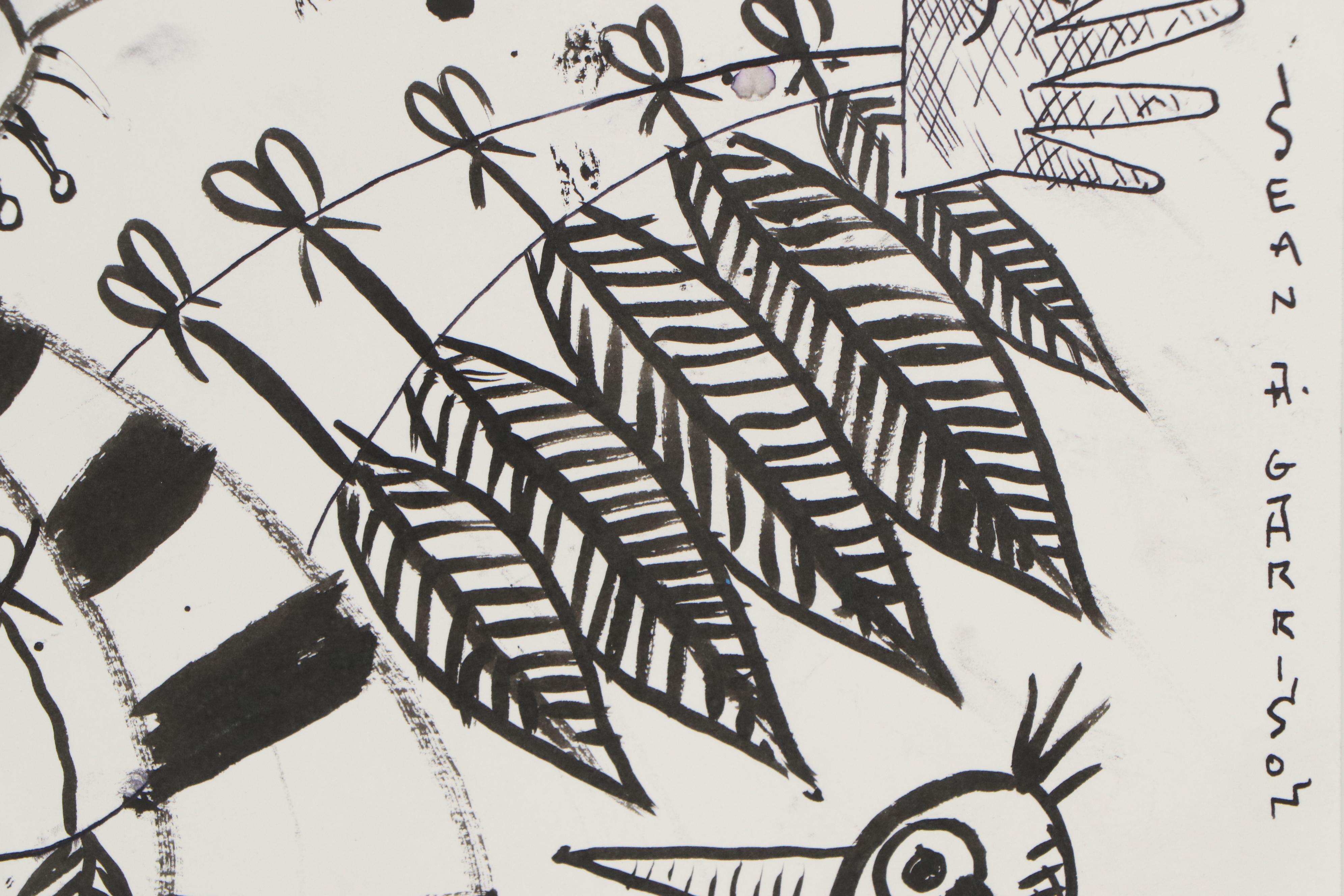 Sean A. Garrison Abstract Folk Art Ink Drawing of Birds, 21st Century