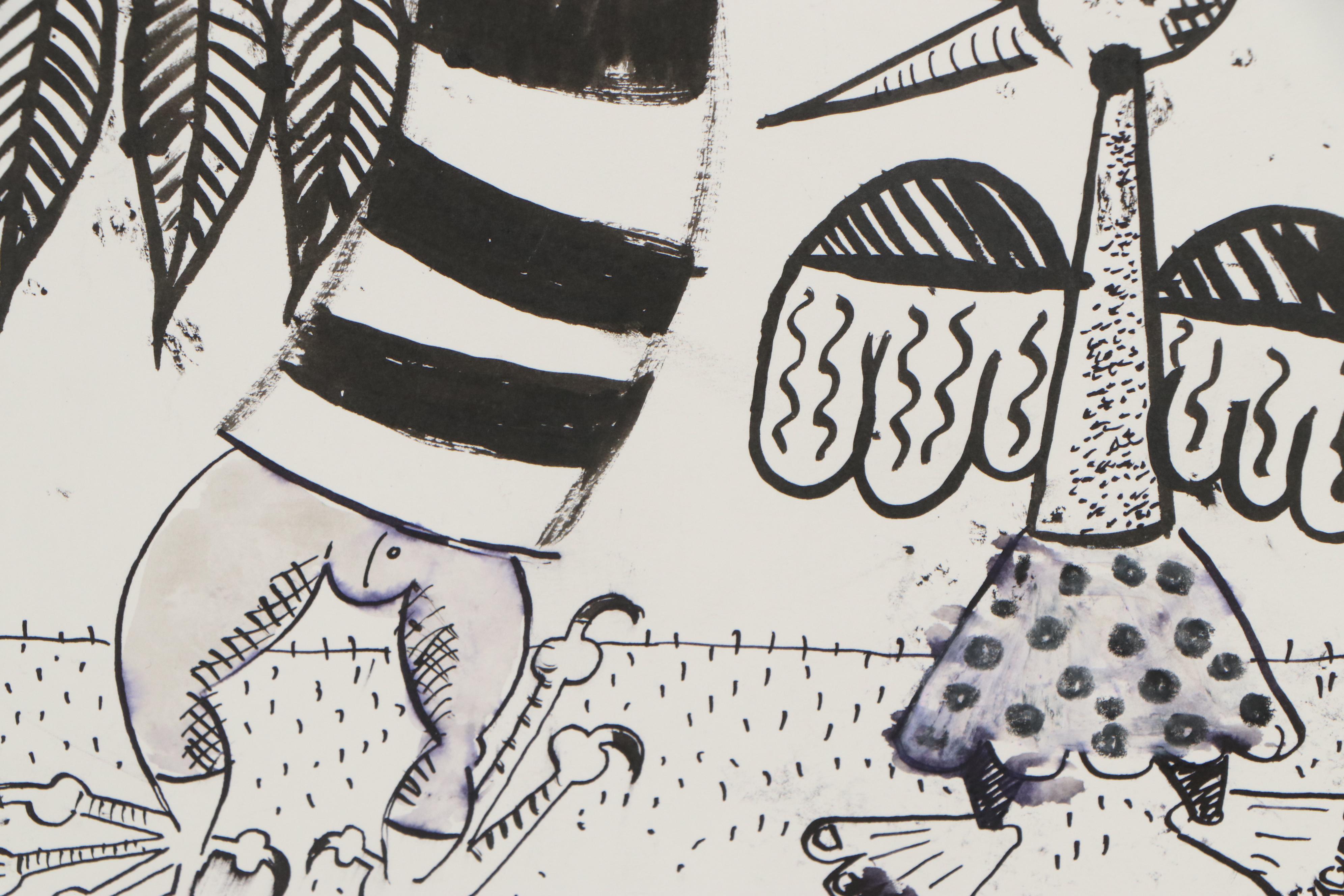 Sean A. Garrison Abstract Folk Art Ink Drawing of Birds, 21st Century