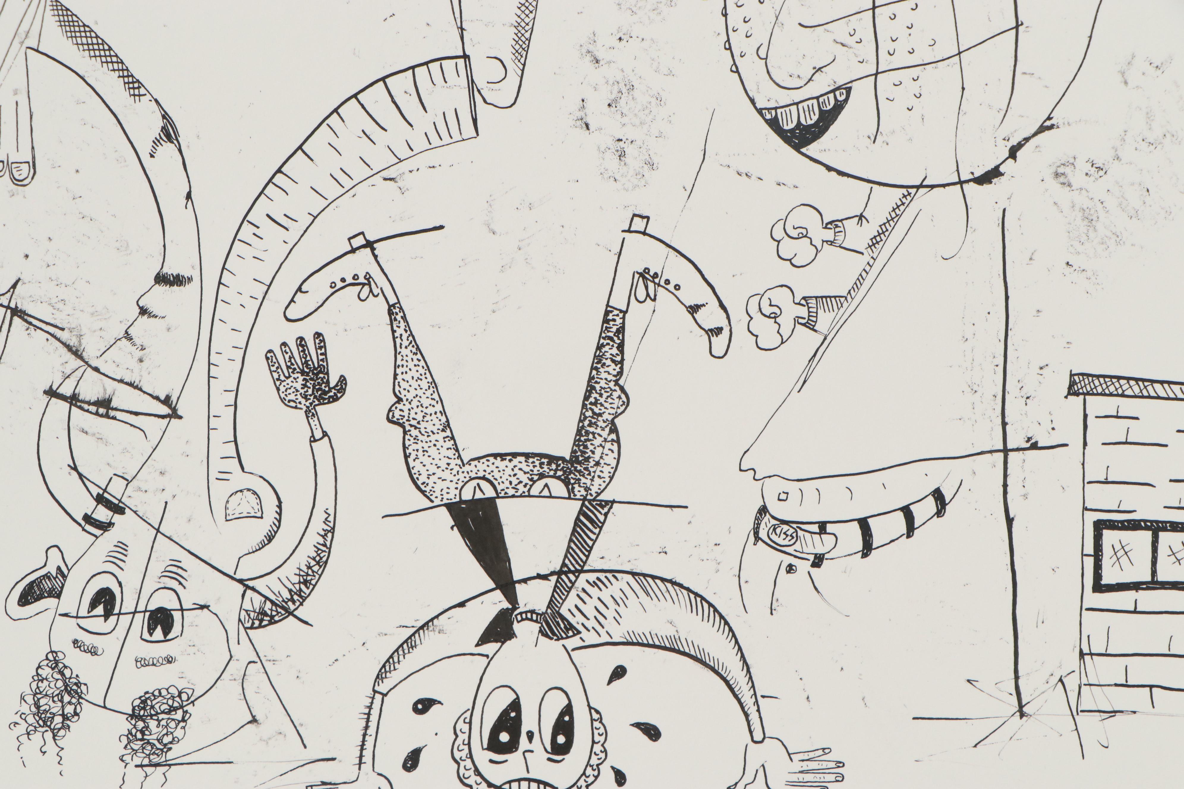 Sean A. Garrison Abstract Folk Art Ink Drawing, 21st Century