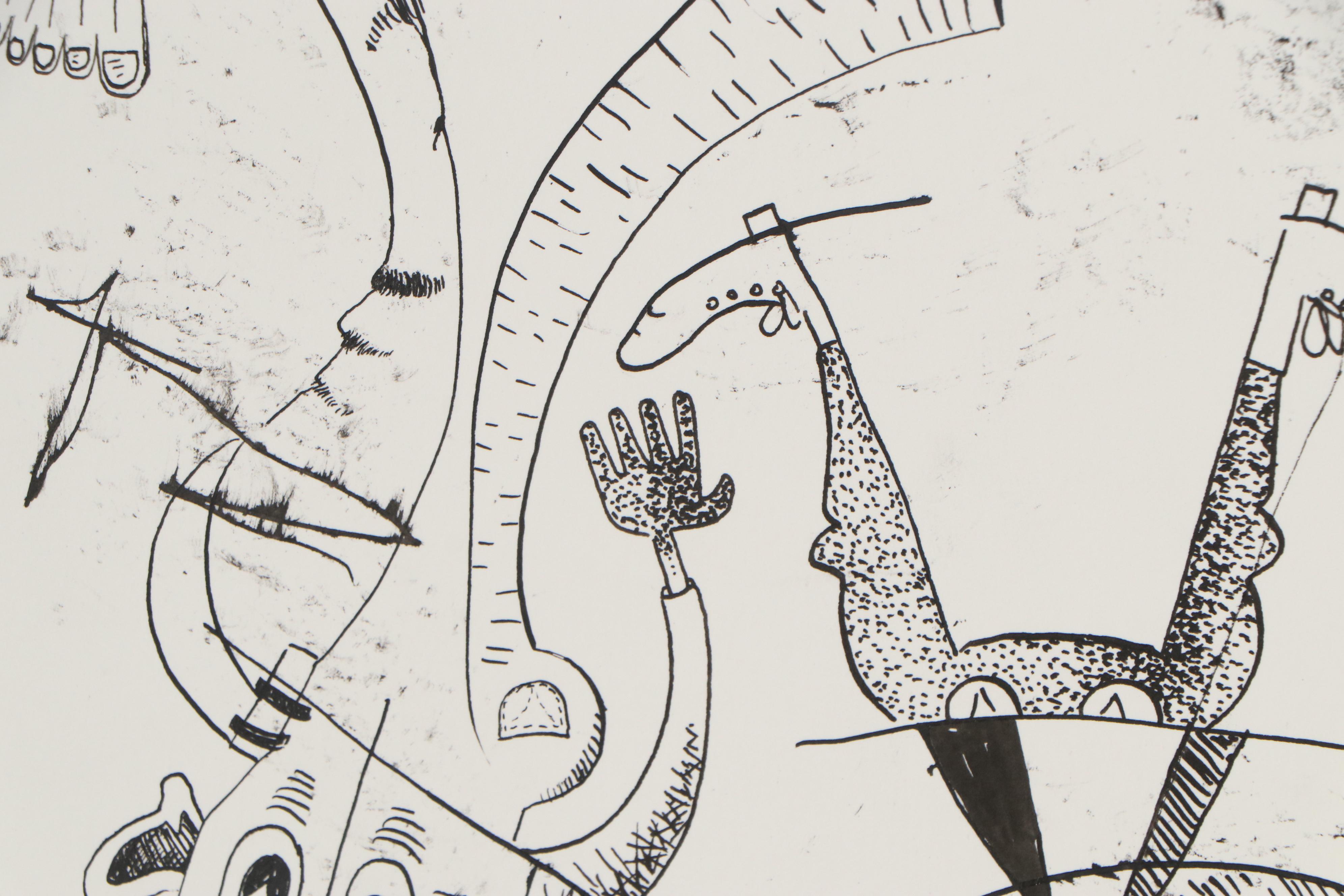 Sean A. Garrison Abstract Folk Art Ink Drawing, 21st Century