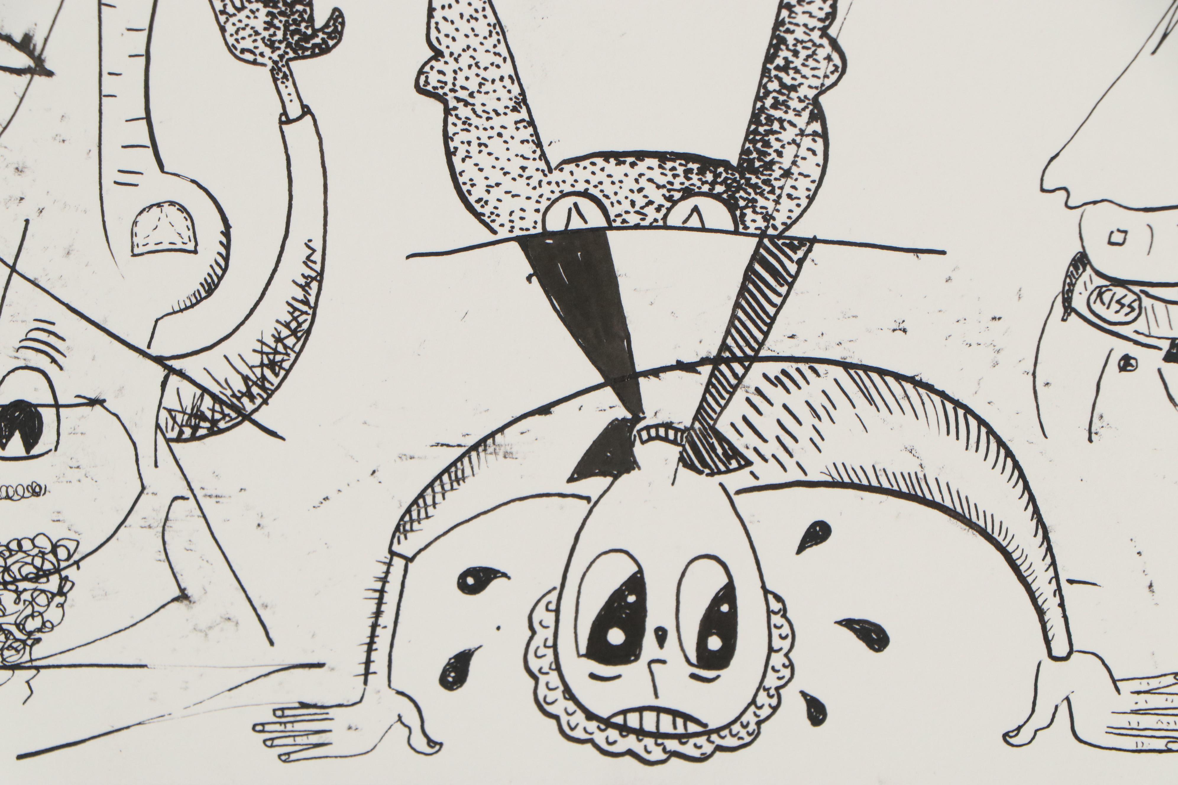 Sean A. Garrison Abstract Folk Art Ink Drawing, 21st Century