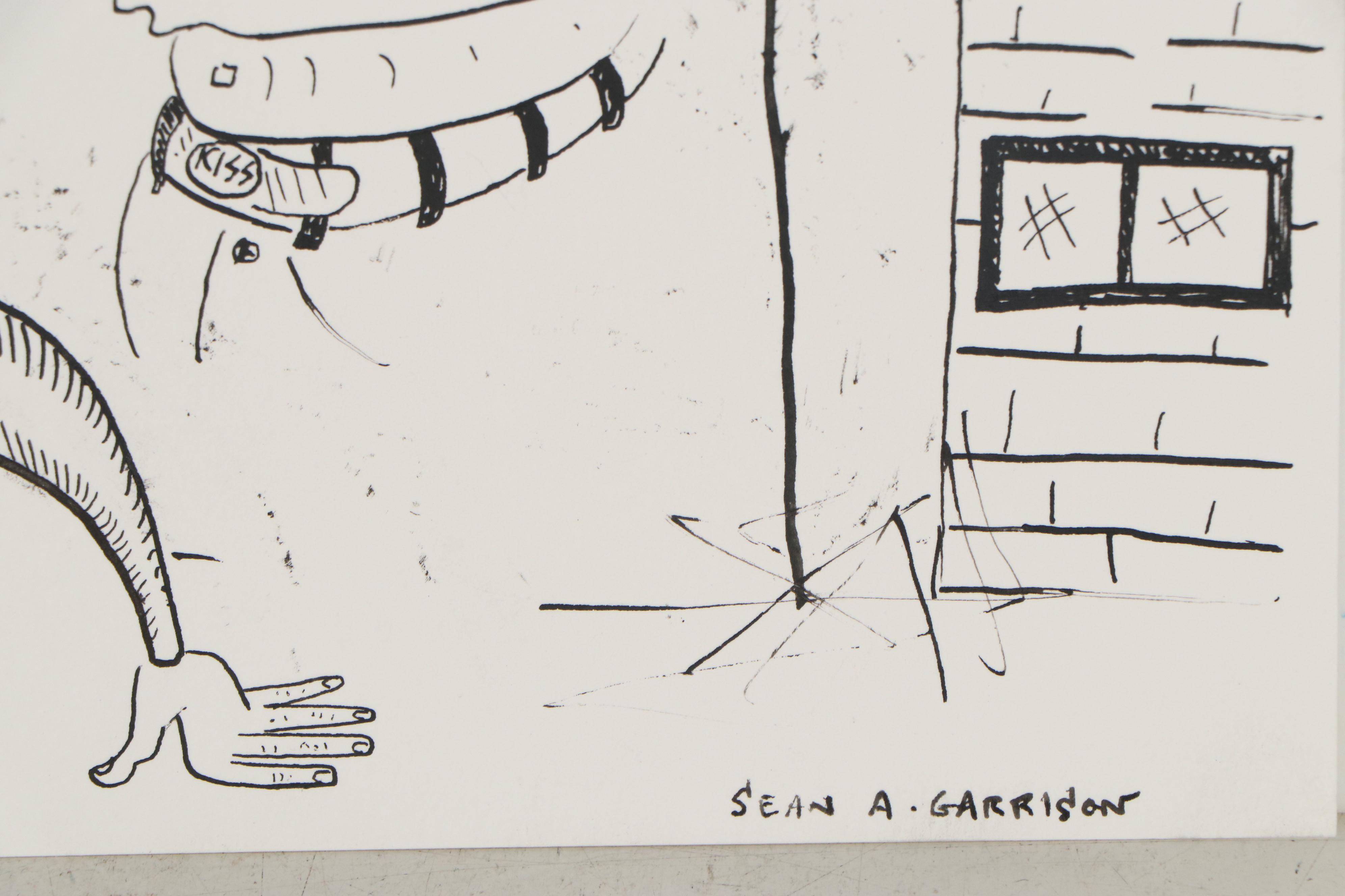 Sean A. Garrison Abstract Folk Art Ink Drawing, 21st Century