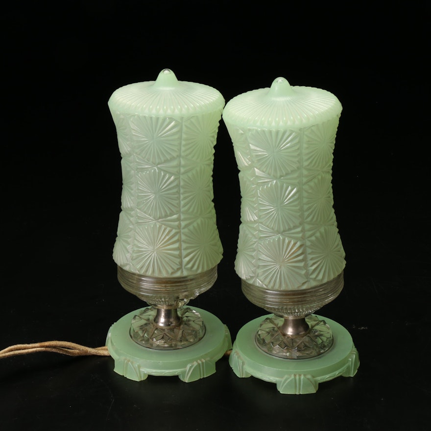 Green Art Deco Pressed Glass Boudoir Lamps, Mid-20th Century