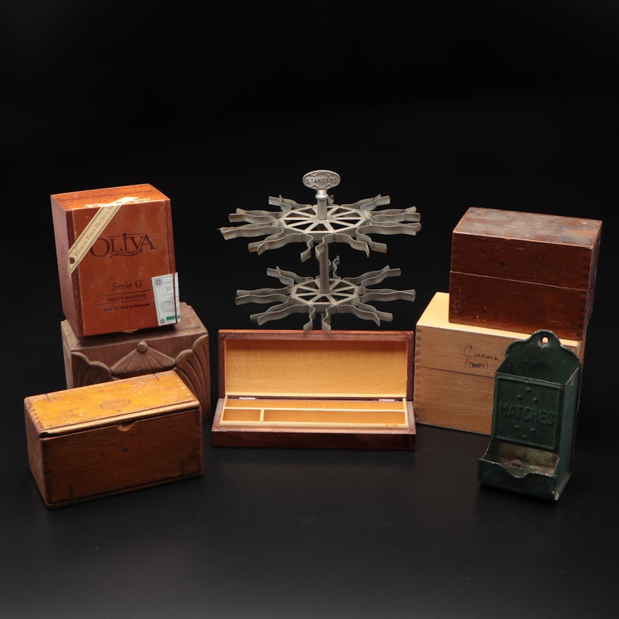 Metal Rubber Stamp Stand and Assorted Wooden Boxes