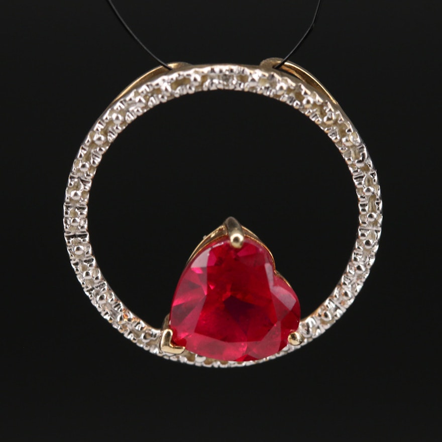 10K Circle Slide Pendant with Diamond and Heart Shaped Ruby Accent