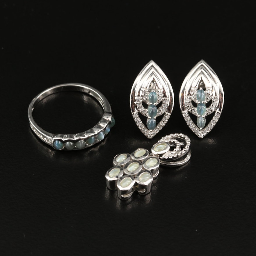 Sterling Silver Jewelry Featuring Cat's Eye Chrysoberyl and White Zircon