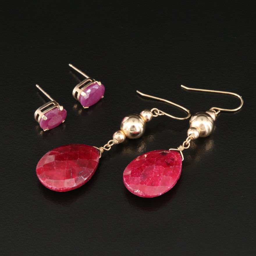 10K Corundum Stud Earrings and 14K Drop Earrings