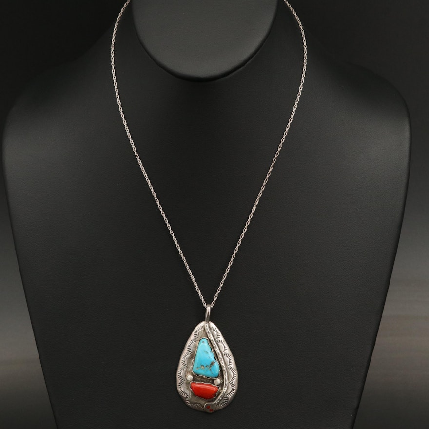 Effie Calavaza Zuni Sterling Turquoise and Coral Pendant Necklace