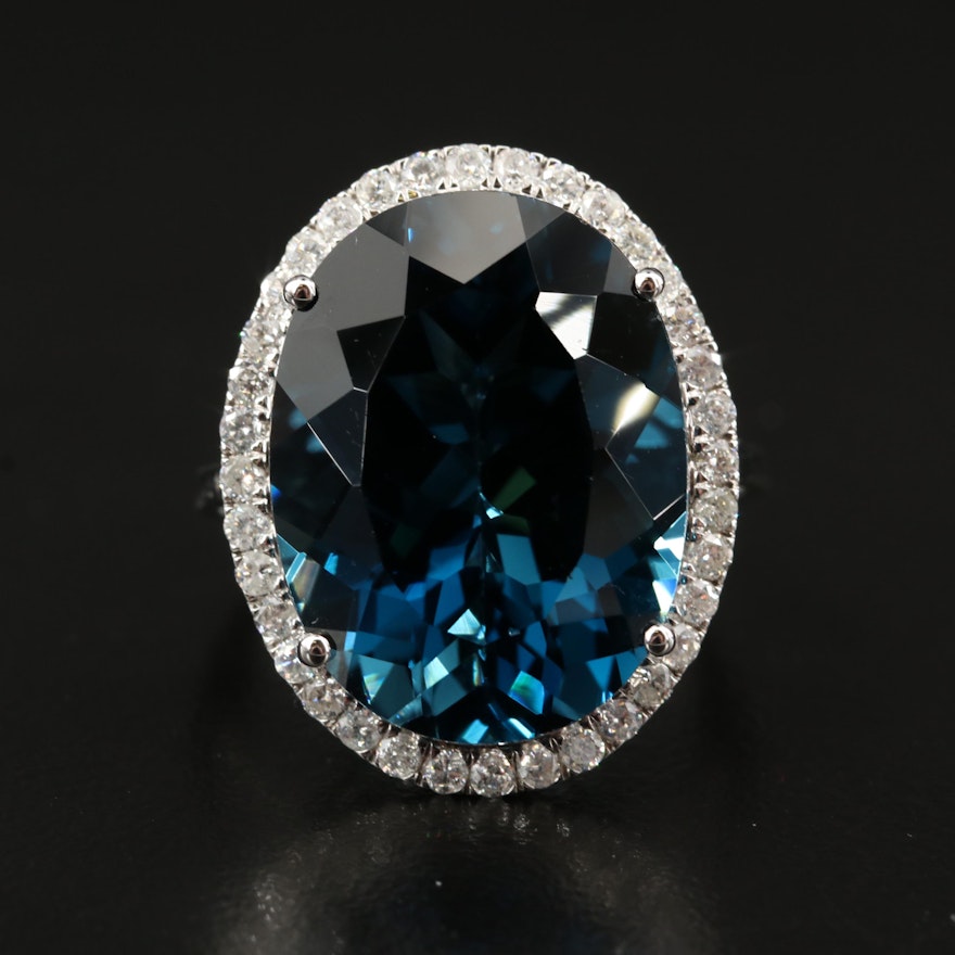 14K 22.31 CT London Blue Topaz and Diamond Halo Ring
