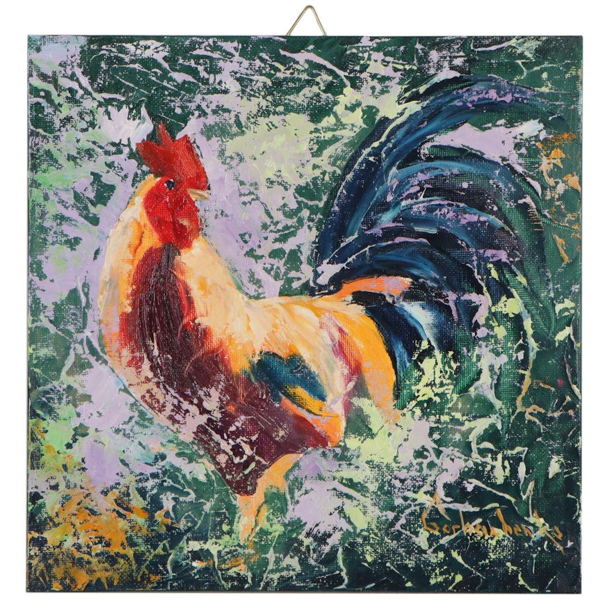 Tetiana Gorbachenko Abstract Oil Painting of Rooster, 21st Century