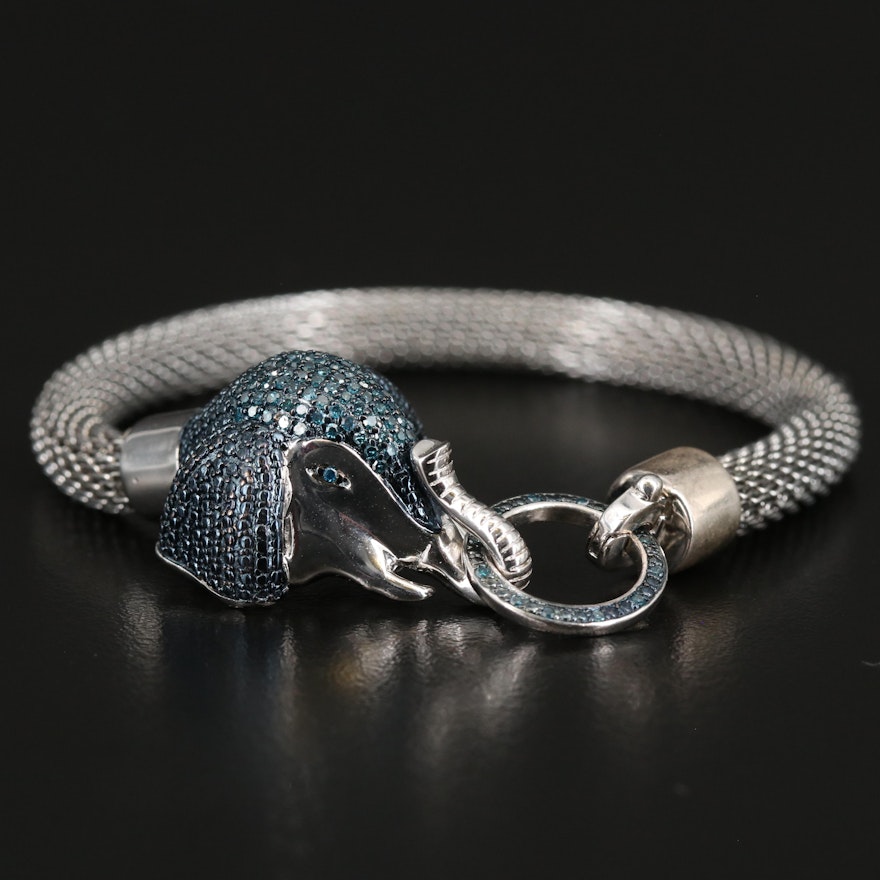 Sterling Diamond Elephant Door Knocker and Stainless Steel Mesh Bracelet