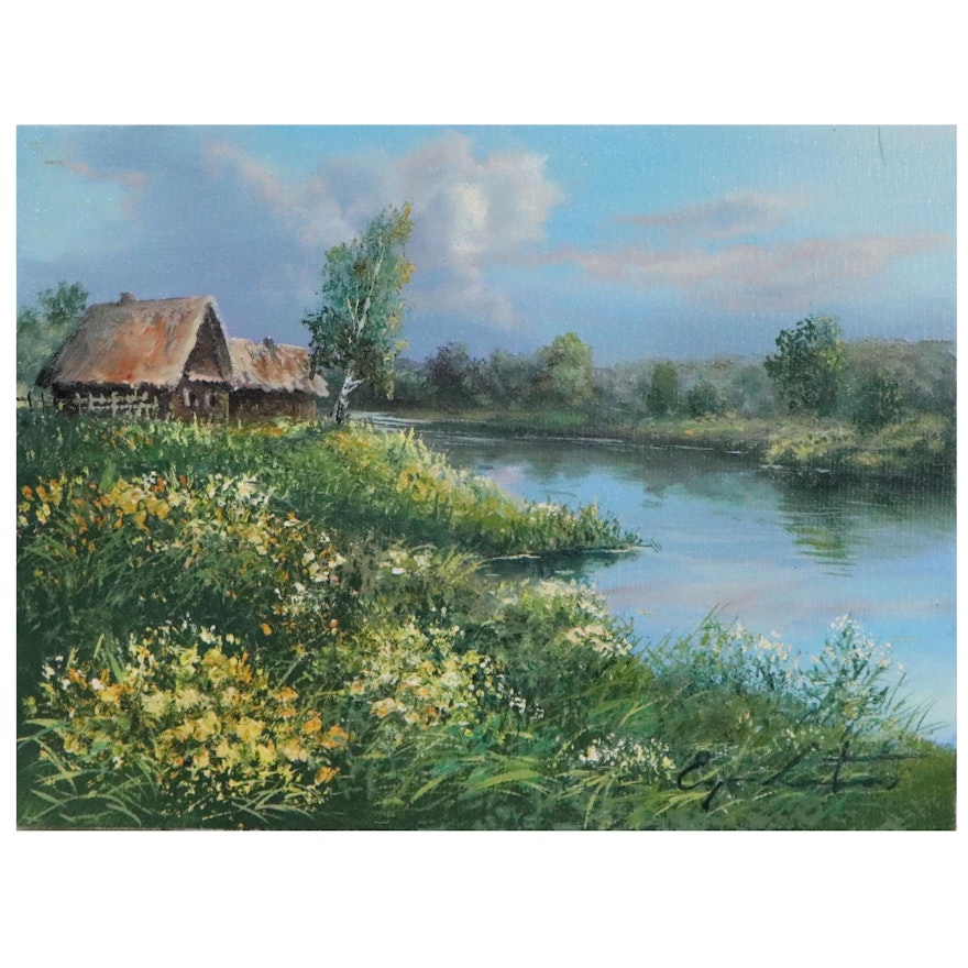 Jevgenijus Litvinas Lakeside Oil Painting "Spring," 2021