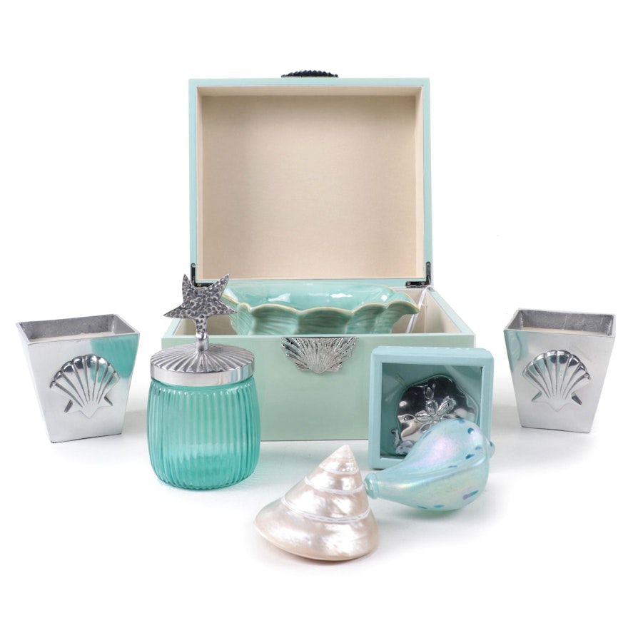 Metal Seashell Embellished Box, Glass Vanity Jar, and Other Beach Style Décor