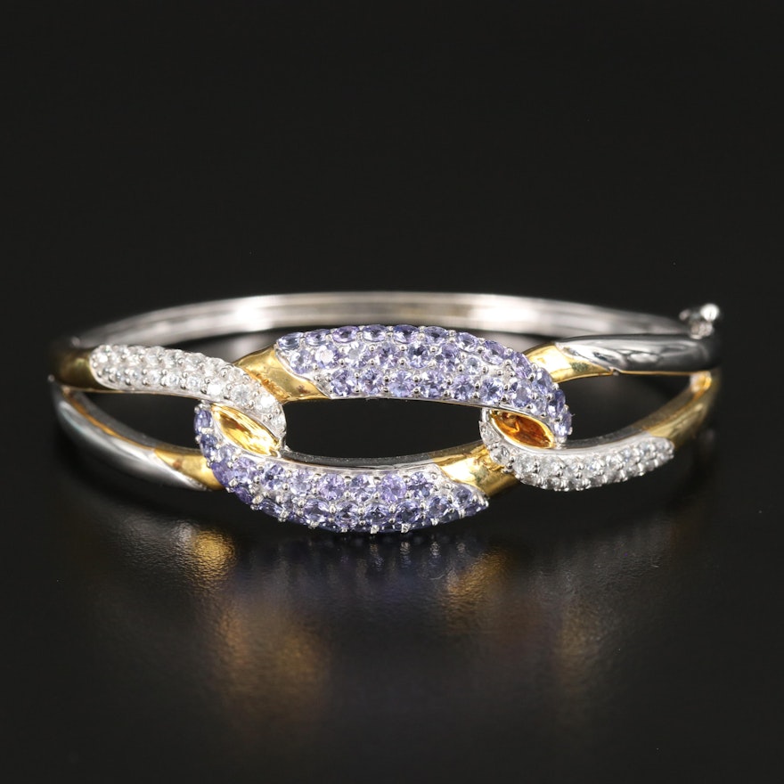 Sterling Tanzanite and White Zircon Interlocking Oval Hinged Bangle