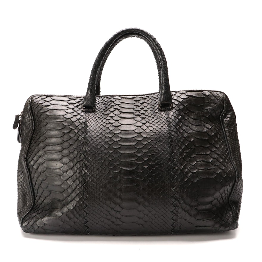 Bottega Veneta Black Waxed Python Skin Large Boston Bag