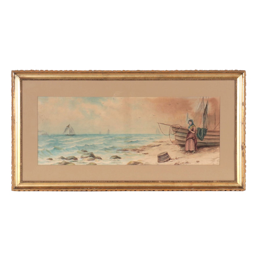 Rena Hill Seascape Watercolor Painting with Woman at Shore, Early 20th Century