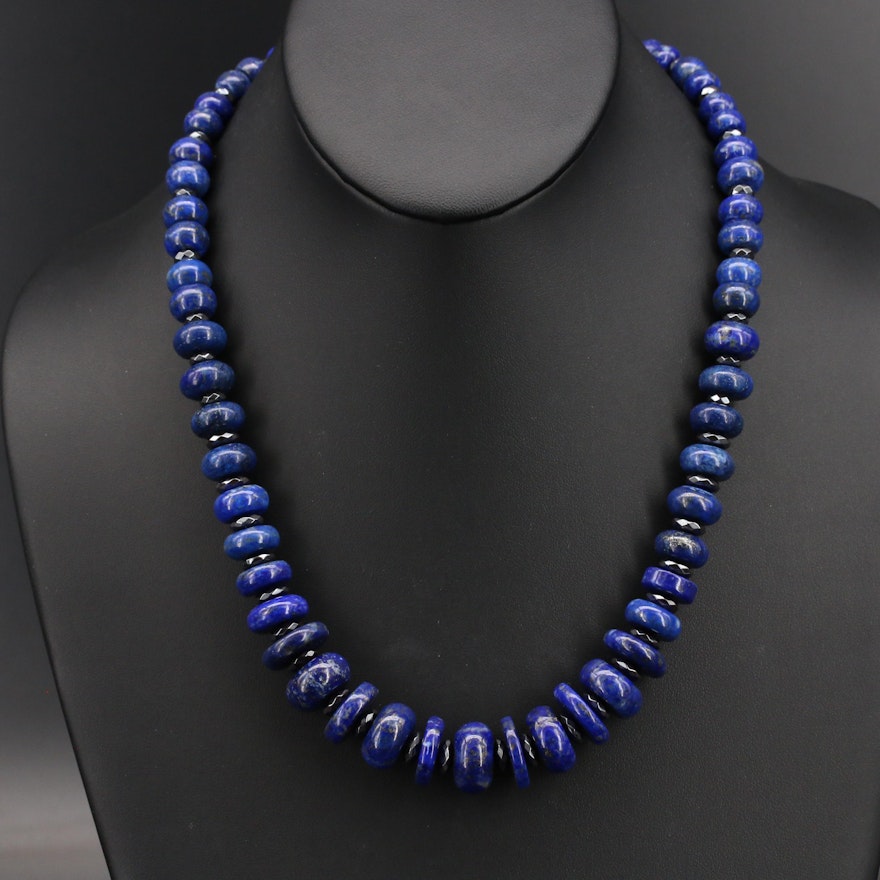 Graduated Lapis Lazuli and Hematite Bead Necklace with 14K Clasp