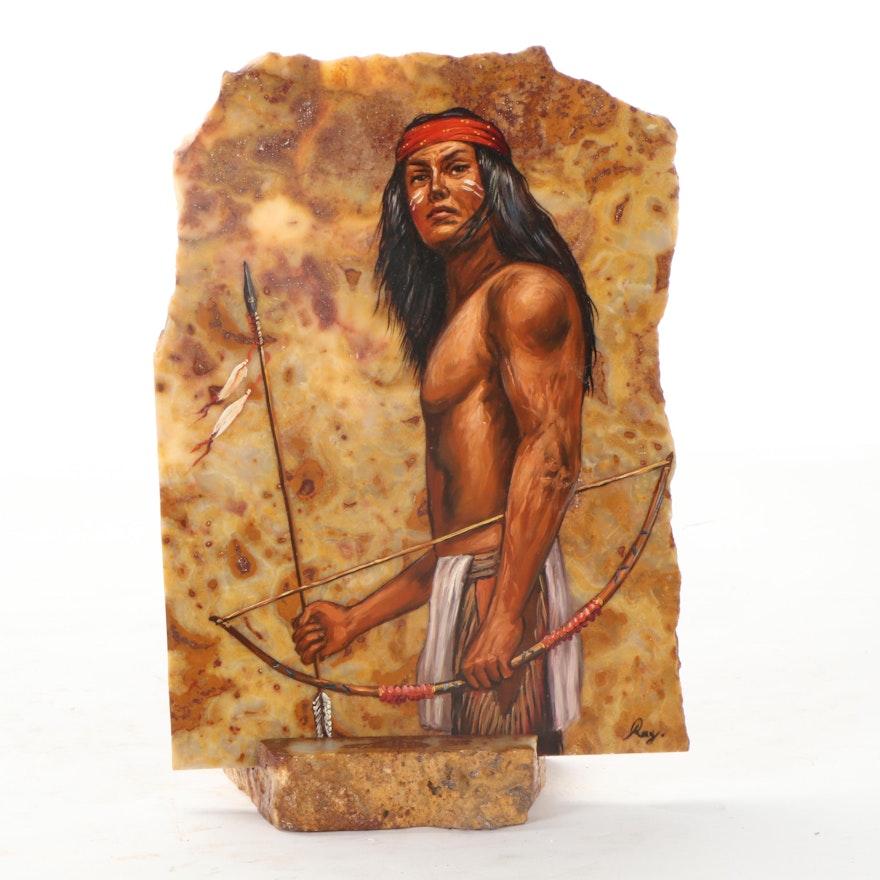 Oil Painting of Indigenous Person On Stone, Late 20th Century