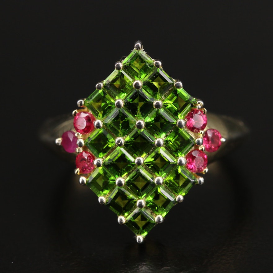 Sterling Diopside and Red Spinel Ring with Knife Edge Shank