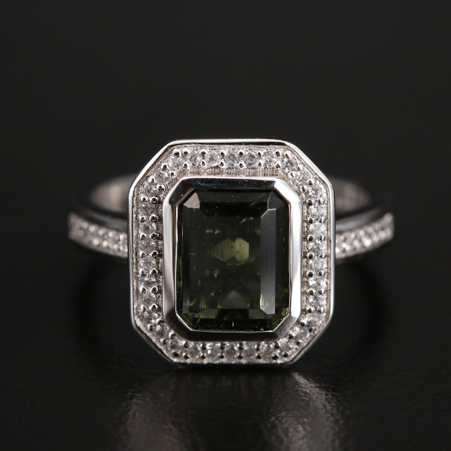 Sterling Moldavite and White Zircon Ring