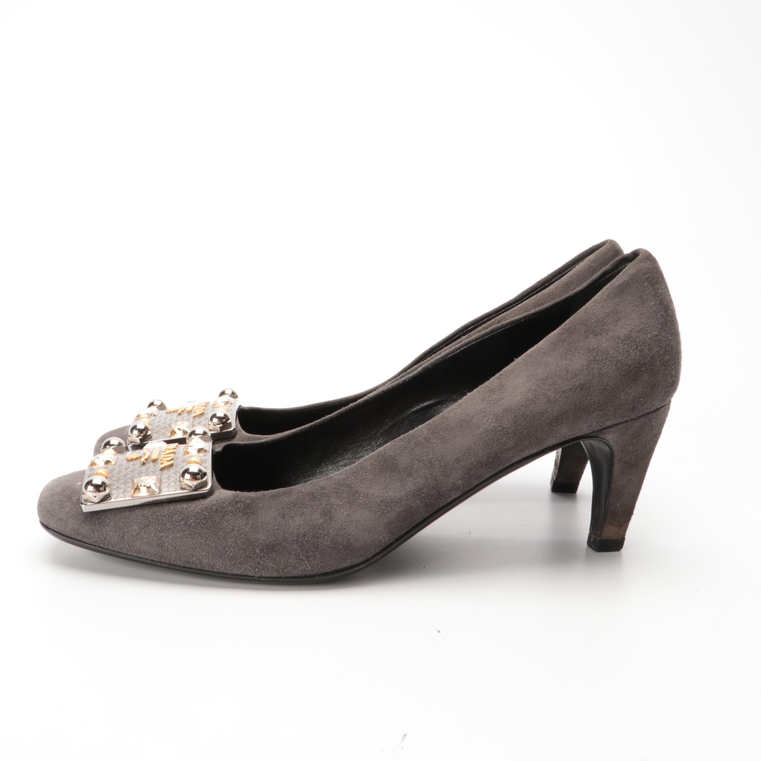 Prada Grey Suede Pumps with Embellished Plaque