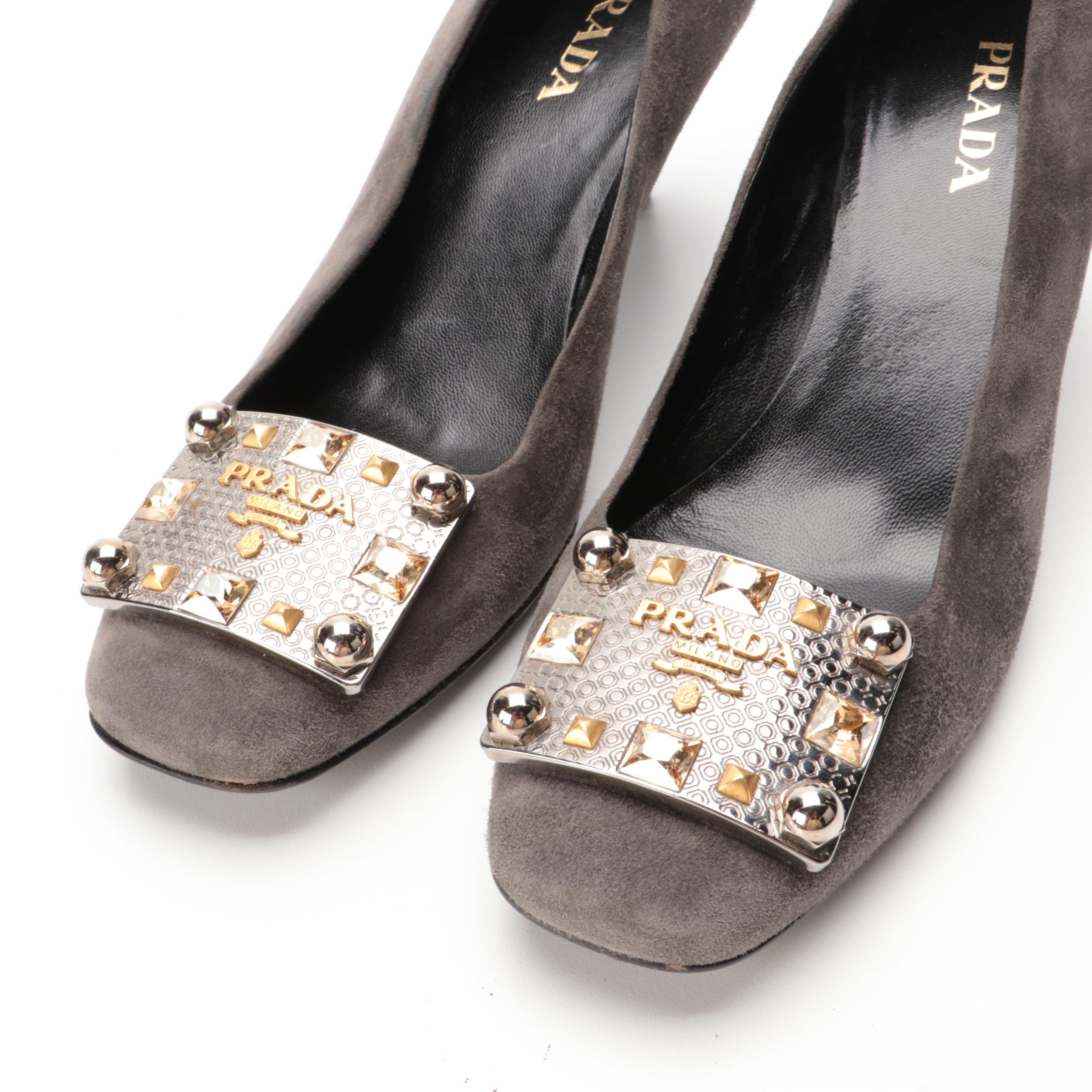 Prada Grey Suede Pumps with Embellished Plaque
