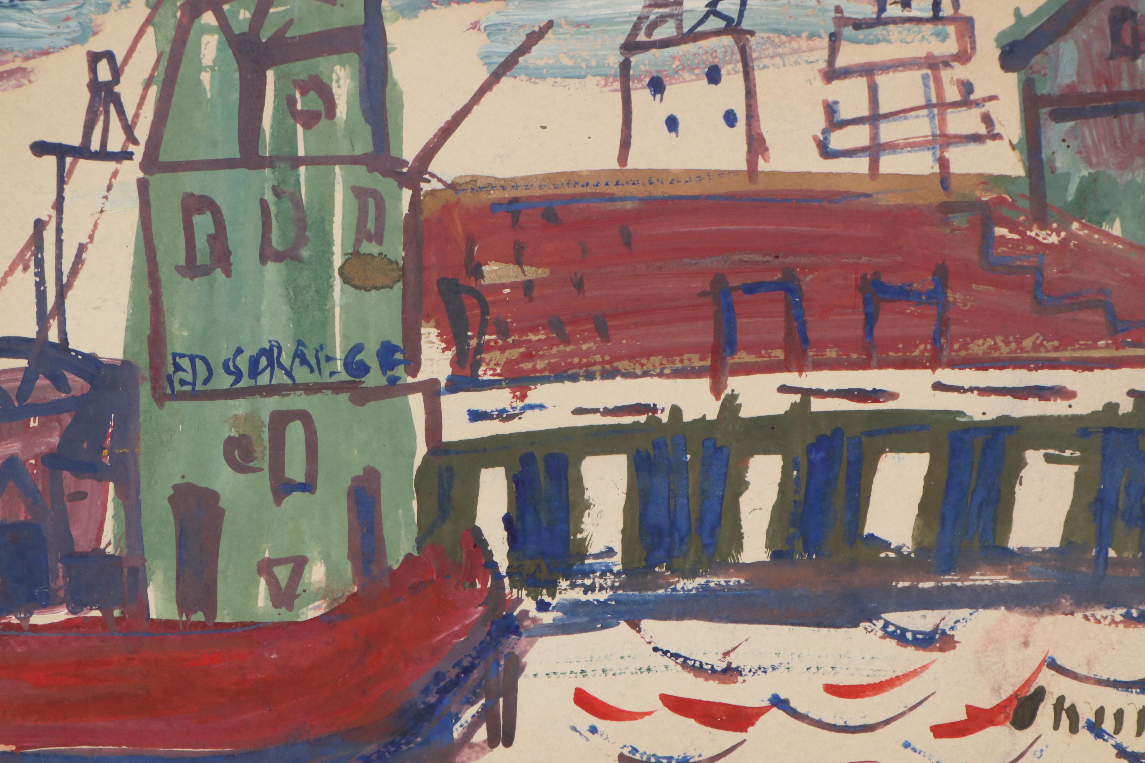 Esther Phillips Mixed Media Cityscape Painting, Mid-20th Century