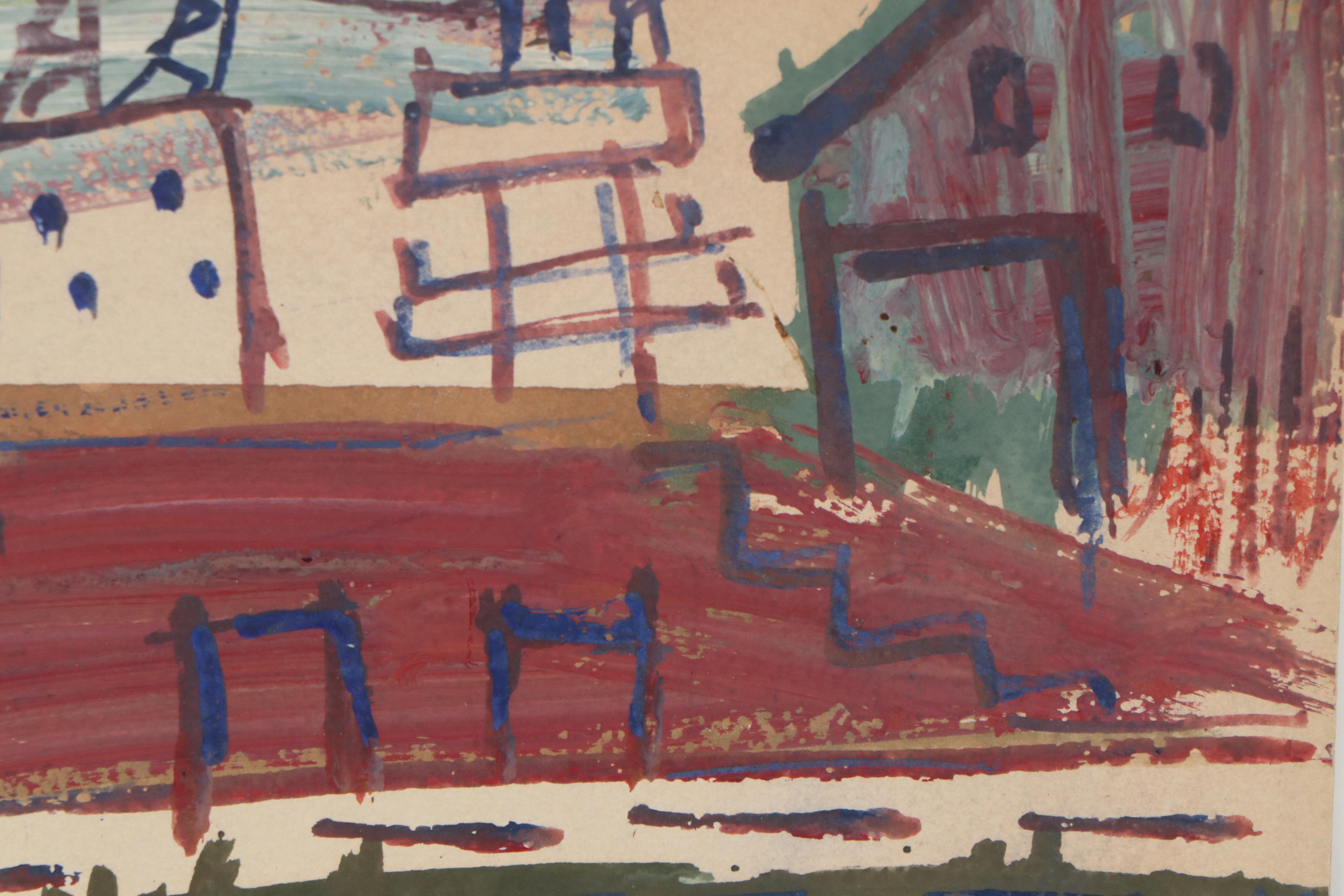 Esther Phillips Mixed Media Cityscape Painting, Mid-20th Century