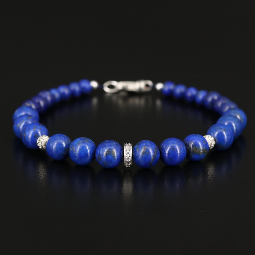 Sterling Silver Lapis Lazuli and Cubic Zirconia Graduated Beaded Bracelet