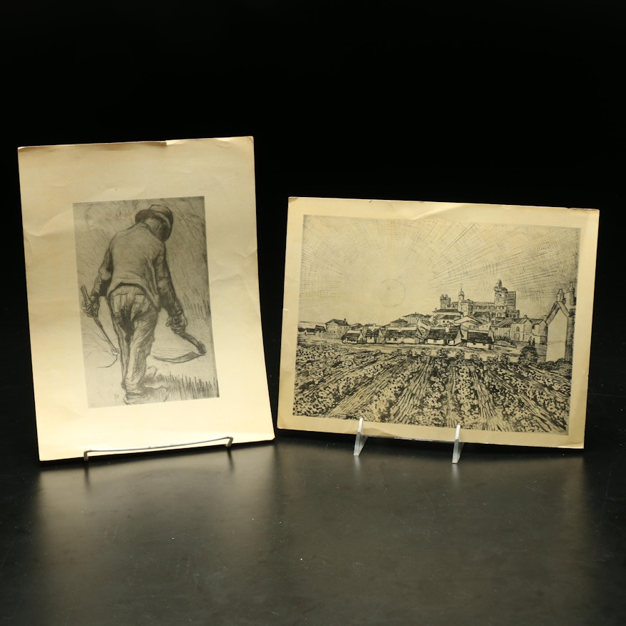 Reproduction Prints of a Man in a Field and a Town Skyline