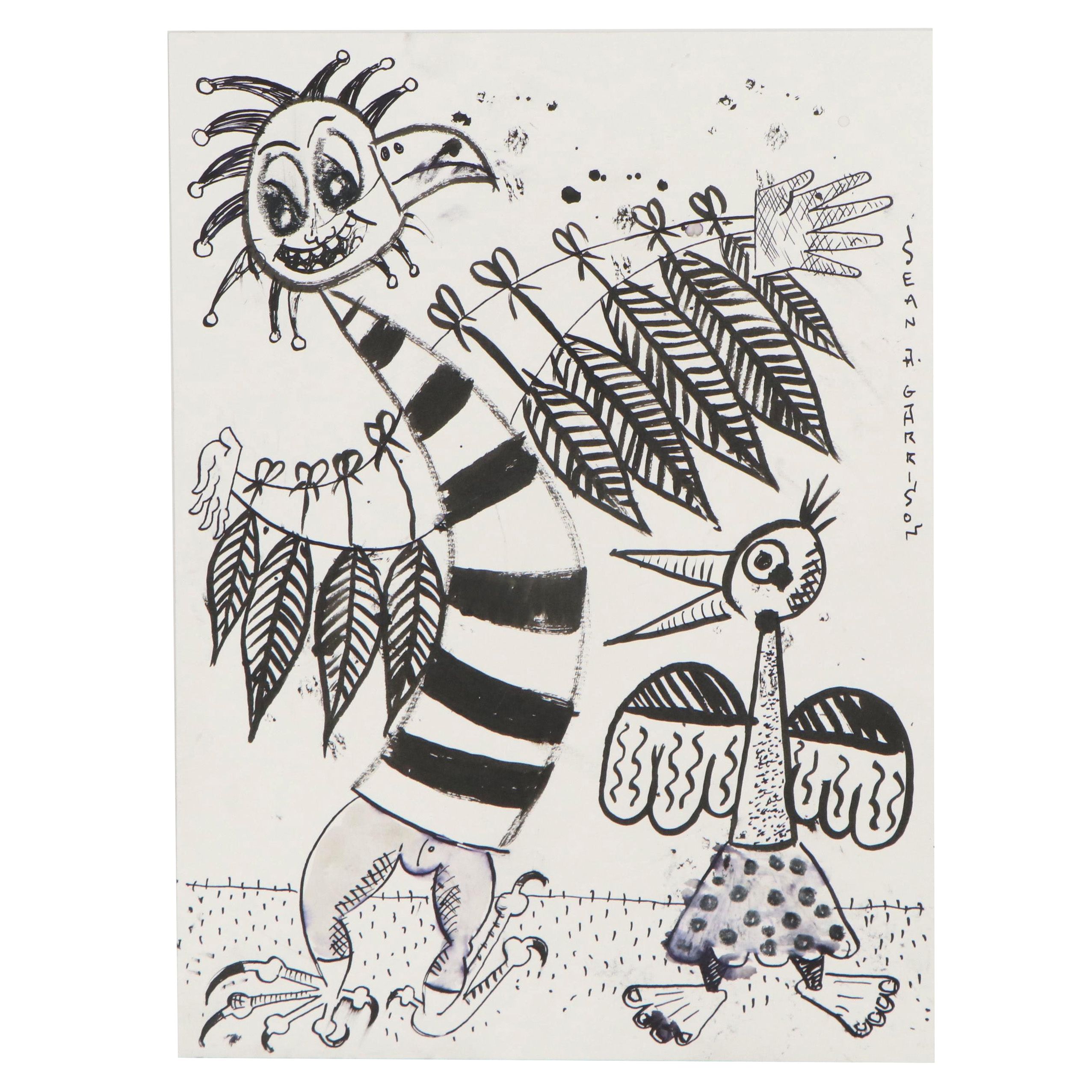 Sean A. Garrison Abstract Folk Art Ink Drawing of Birds, 21st Century