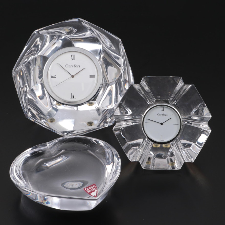 Orrefors Crystal Table Clocks and Paperweight