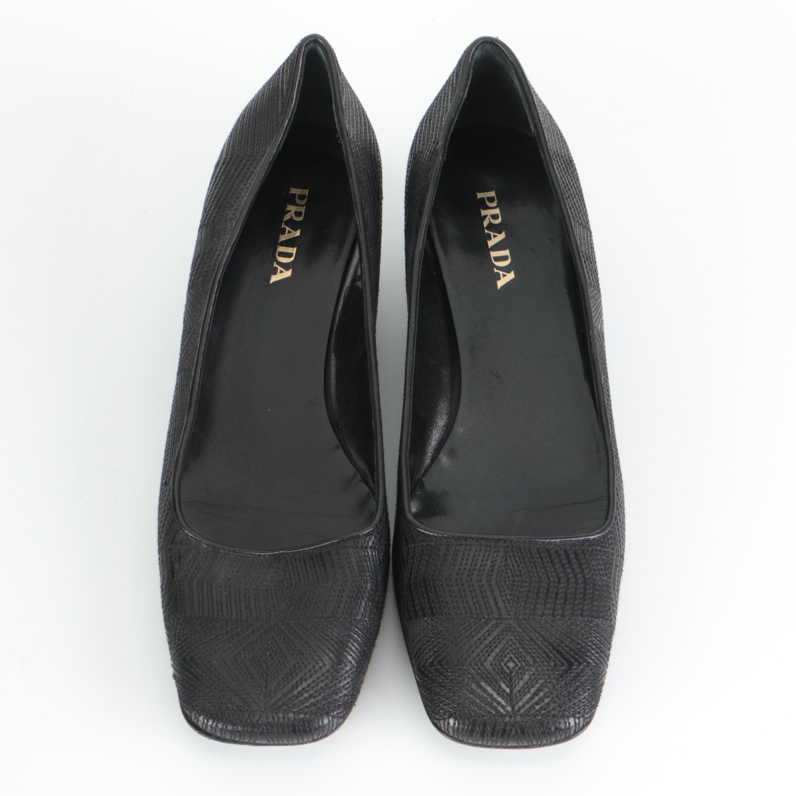 Prada Black Leather Square Toe Pumps with Geometric Stitched Pattern
