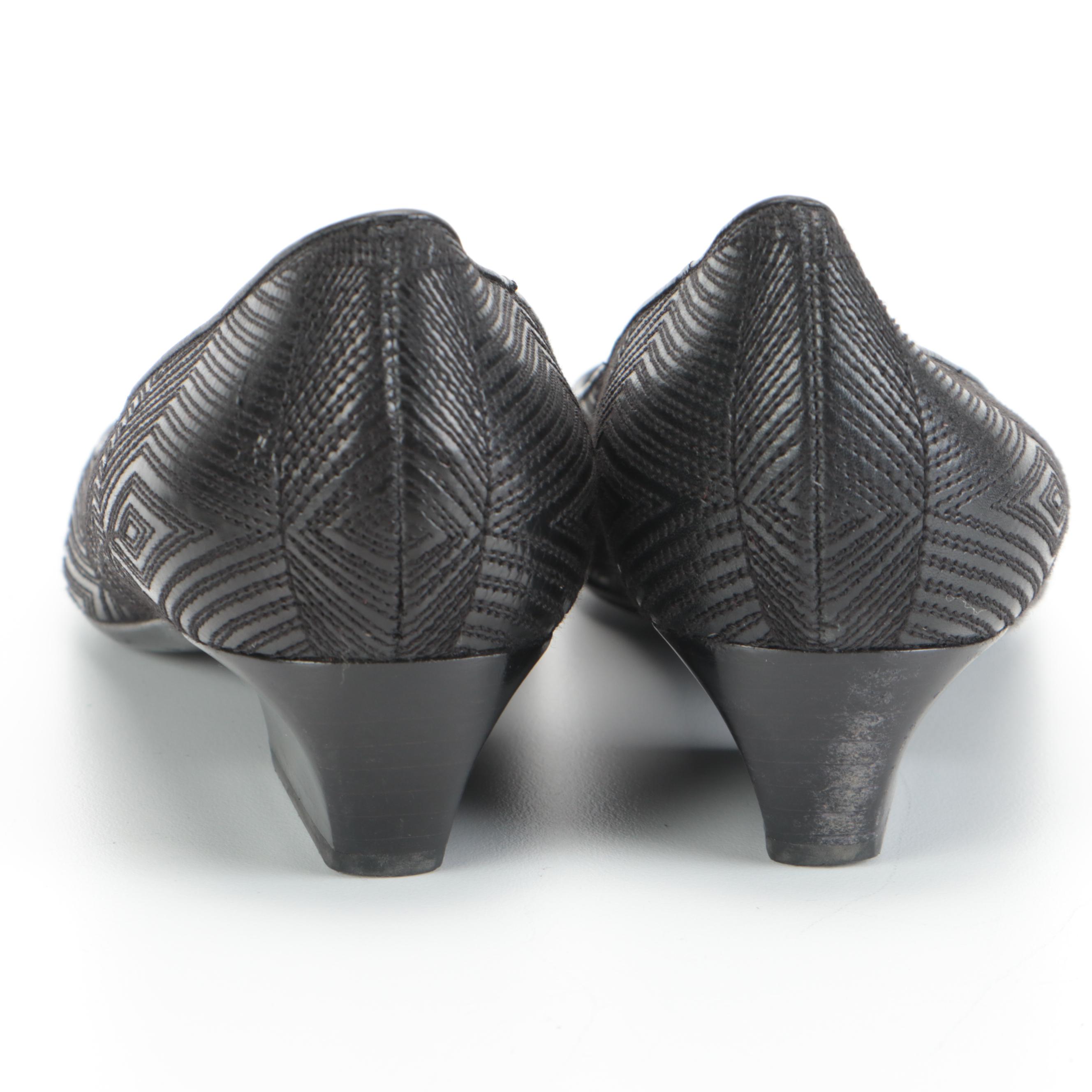 Prada Black Leather Square Toe Pumps with Geometric Stitched Pattern