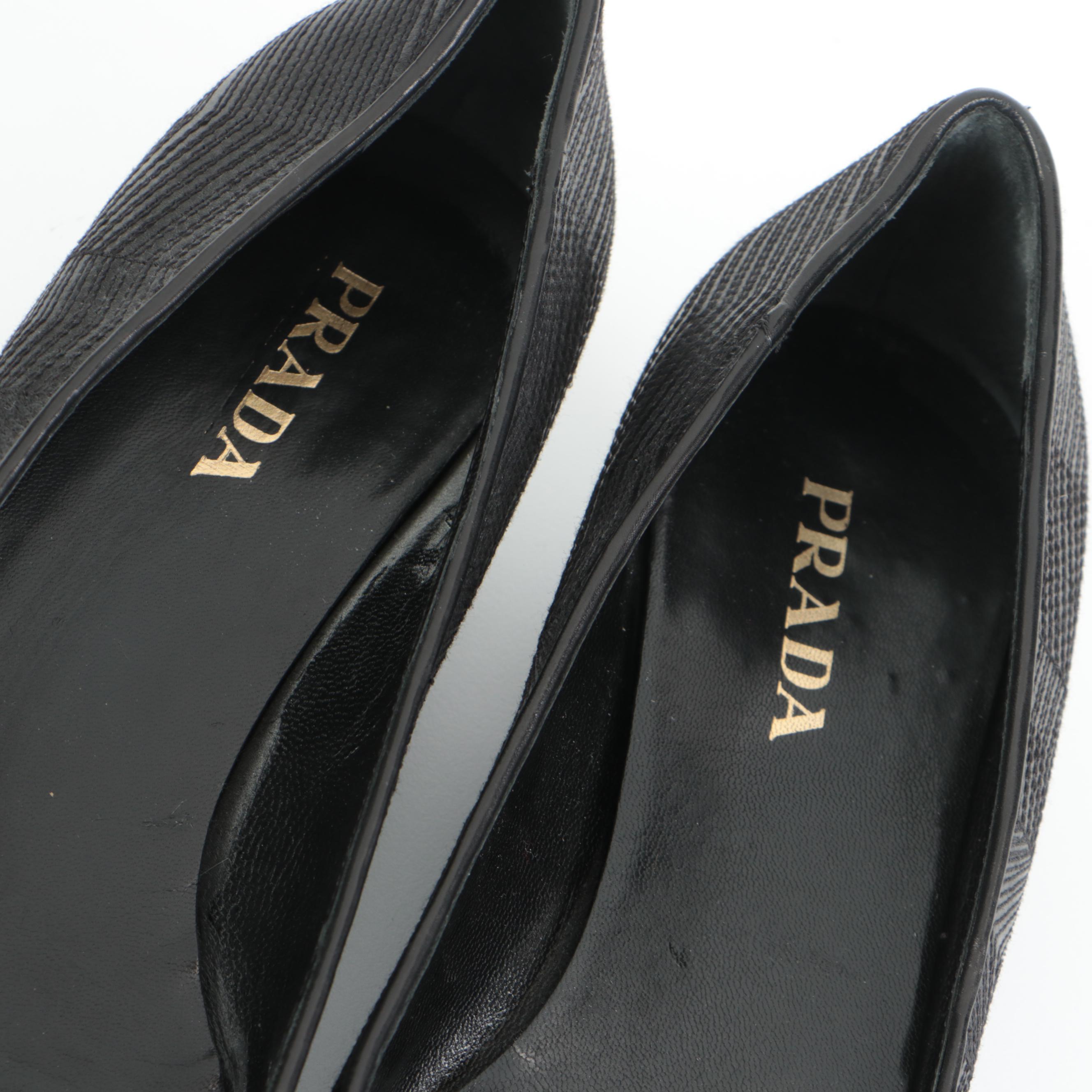 Prada Black Leather Square Toe Pumps with Geometric Stitched Pattern