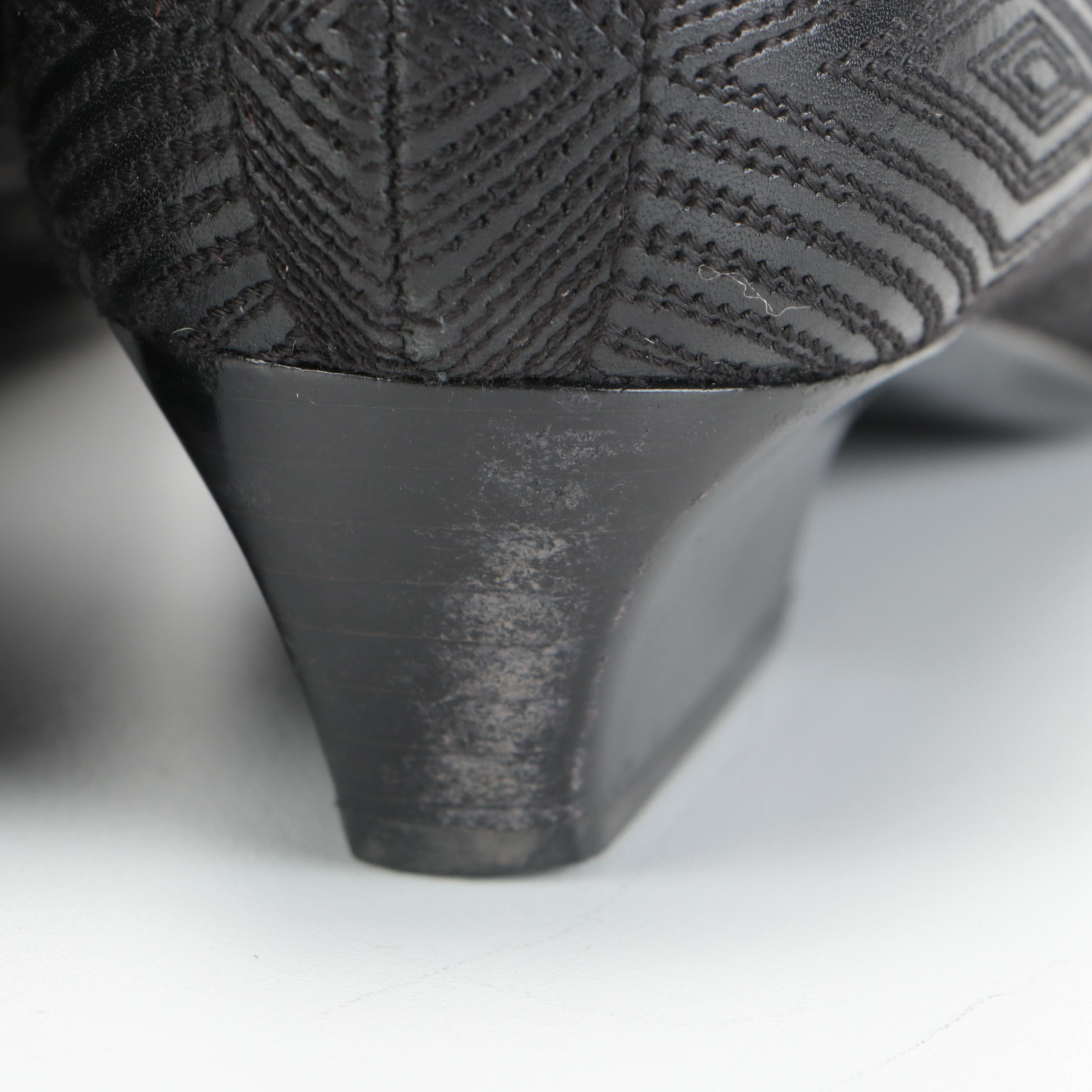 Prada Black Leather Square Toe Pumps with Geometric Stitched Pattern