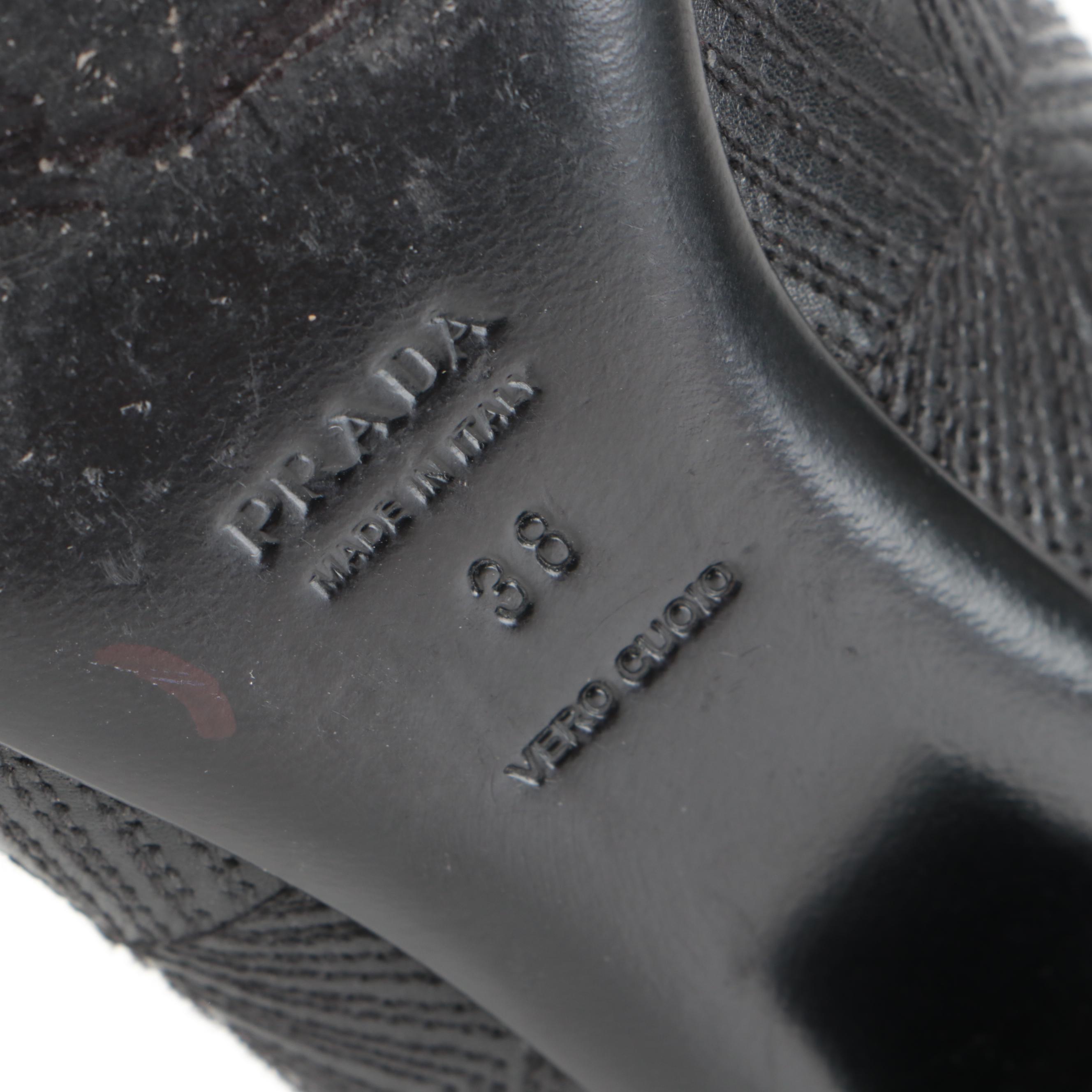 Prada Black Leather Square Toe Pumps with Geometric Stitched Pattern