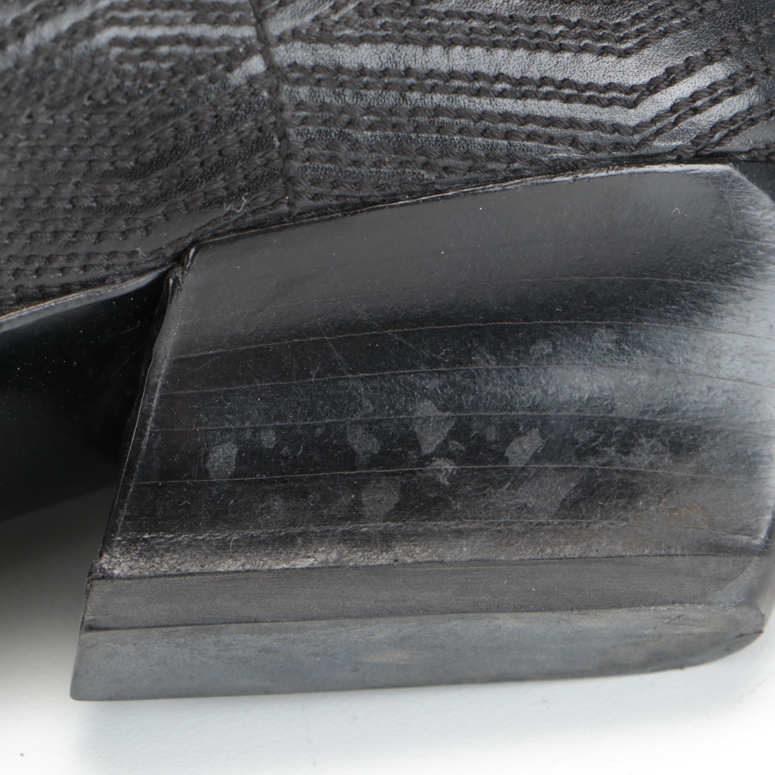 Prada Black Leather Square Toe Pumps with Geometric Stitched Pattern