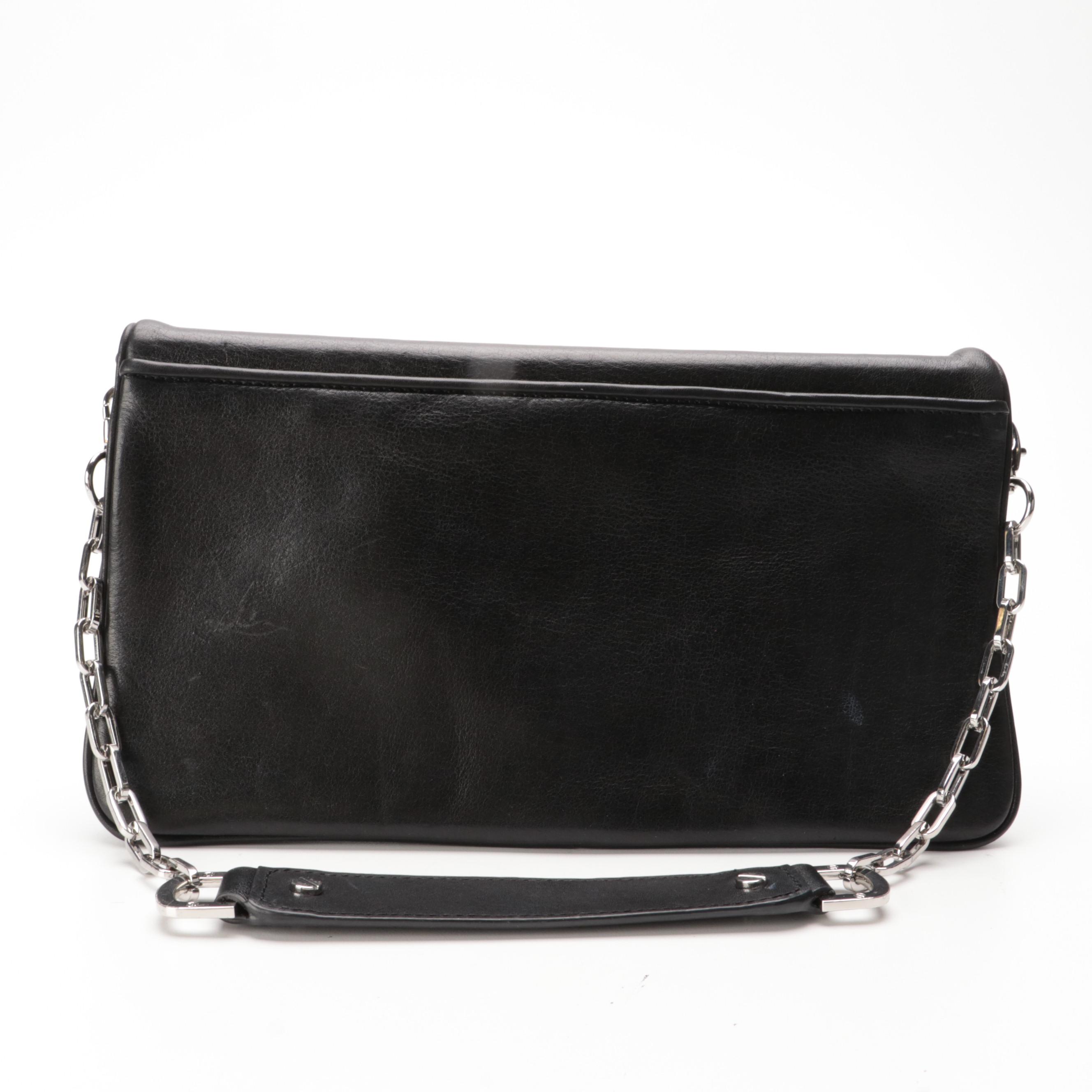 Tory Burch Logo Black Leather Flap Front Bag with Chain Link and Leather Strap