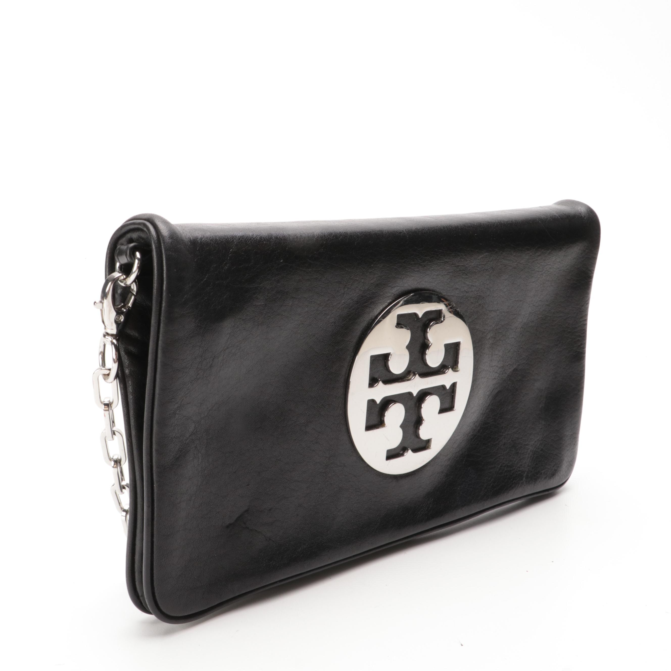 Tory Burch Logo Black Leather Flap Front Bag with Chain Link and Leather Strap