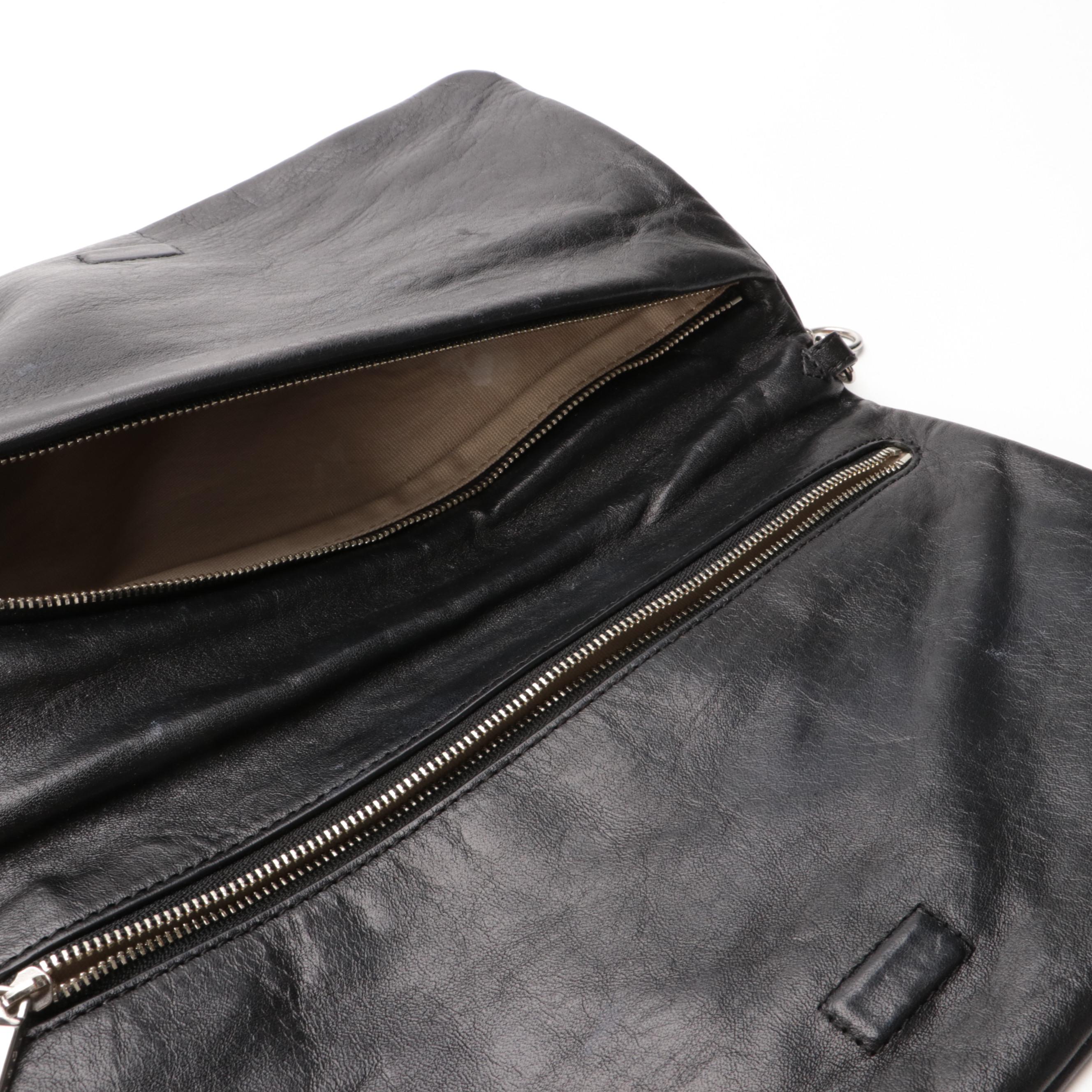 Tory Burch Logo Black Leather Flap Front Bag with Chain Link and Leather Strap