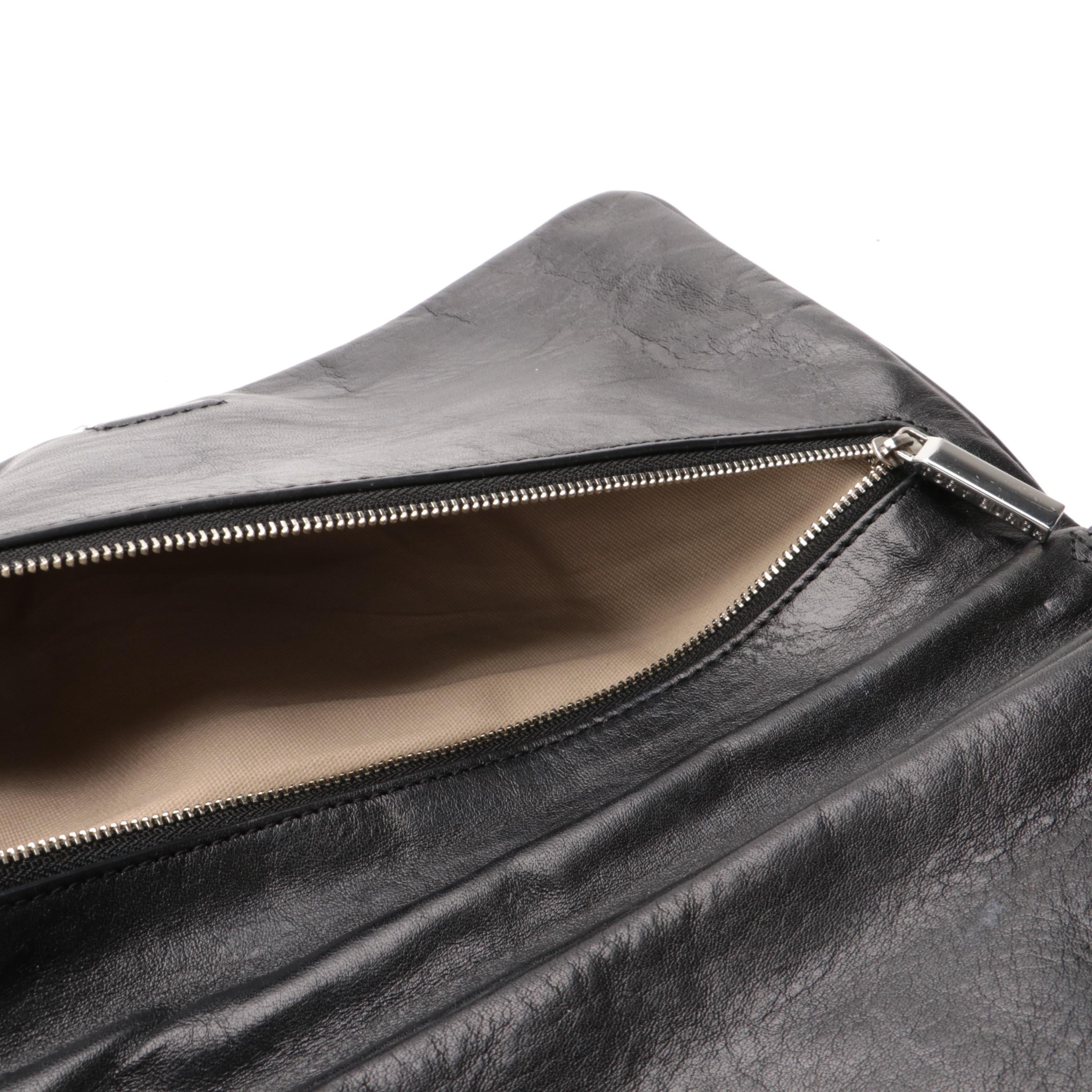 Tory Burch Logo Black Leather Flap Front Bag with Chain Link and Leather Strap